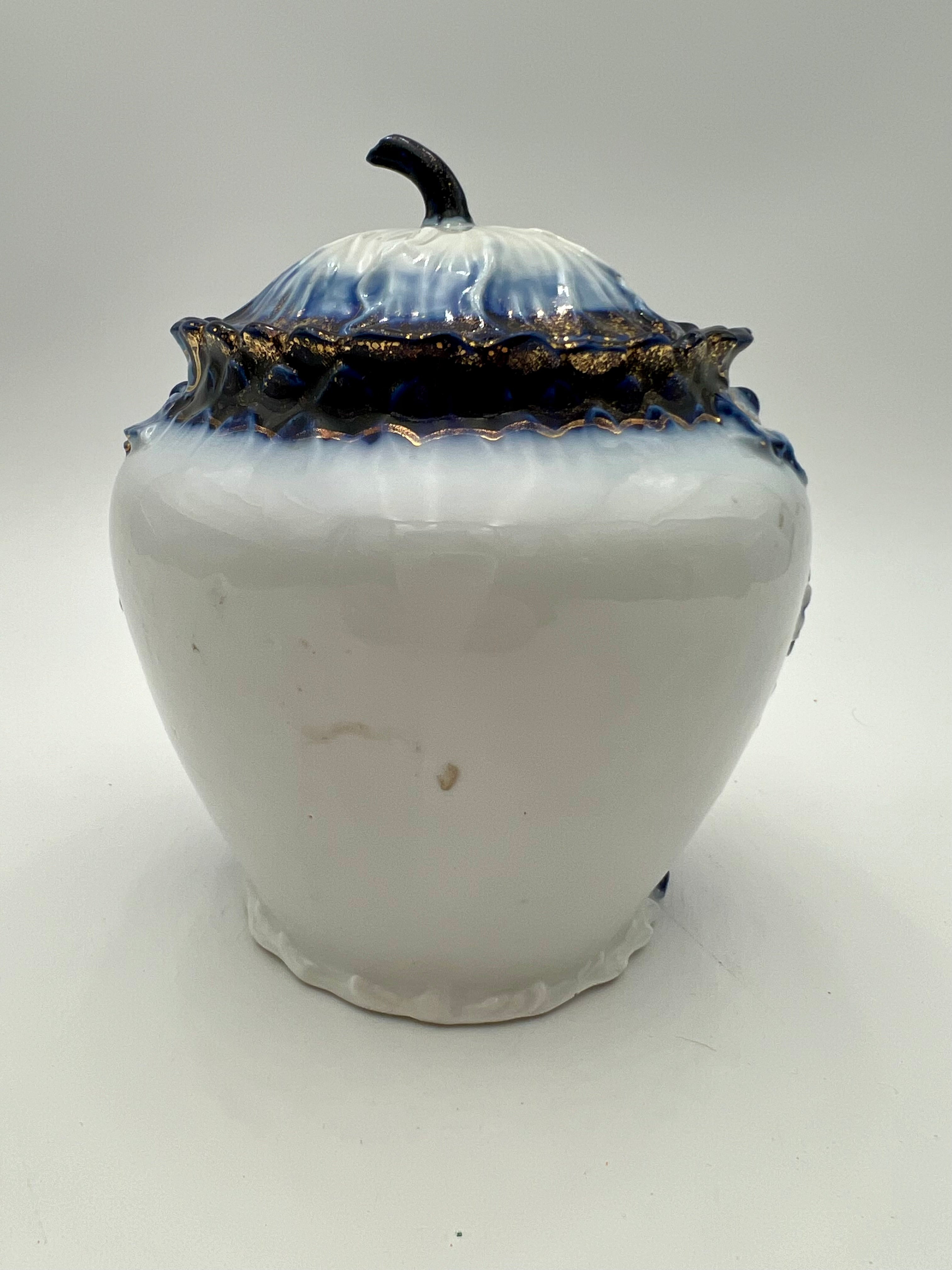 ANTIQUE COBALT BLUE & GOLD GILT PORCELAIN BISCUIT JAR WITH FLORAL RELIEF