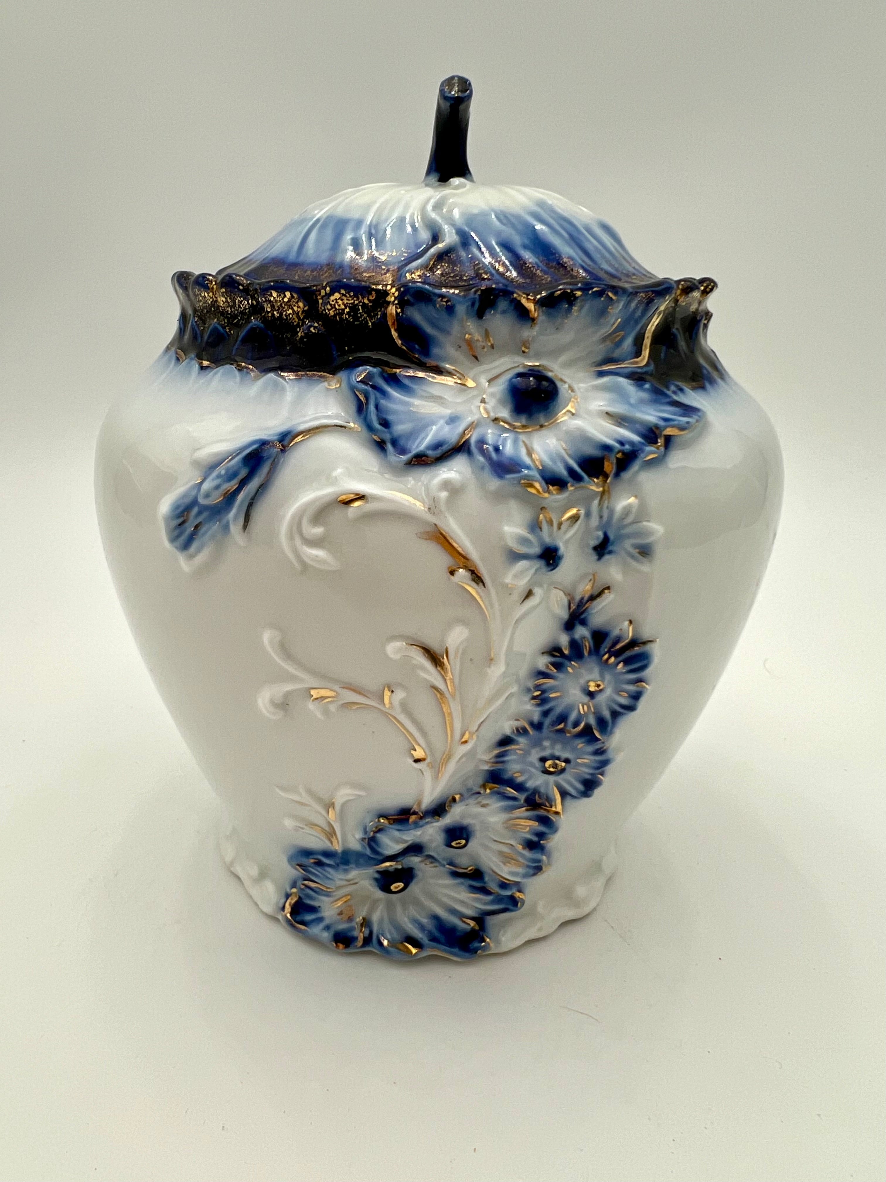ANTIQUE COBALT BLUE & GOLD GILT PORCELAIN BISCUIT JAR WITH FLORAL RELIEF