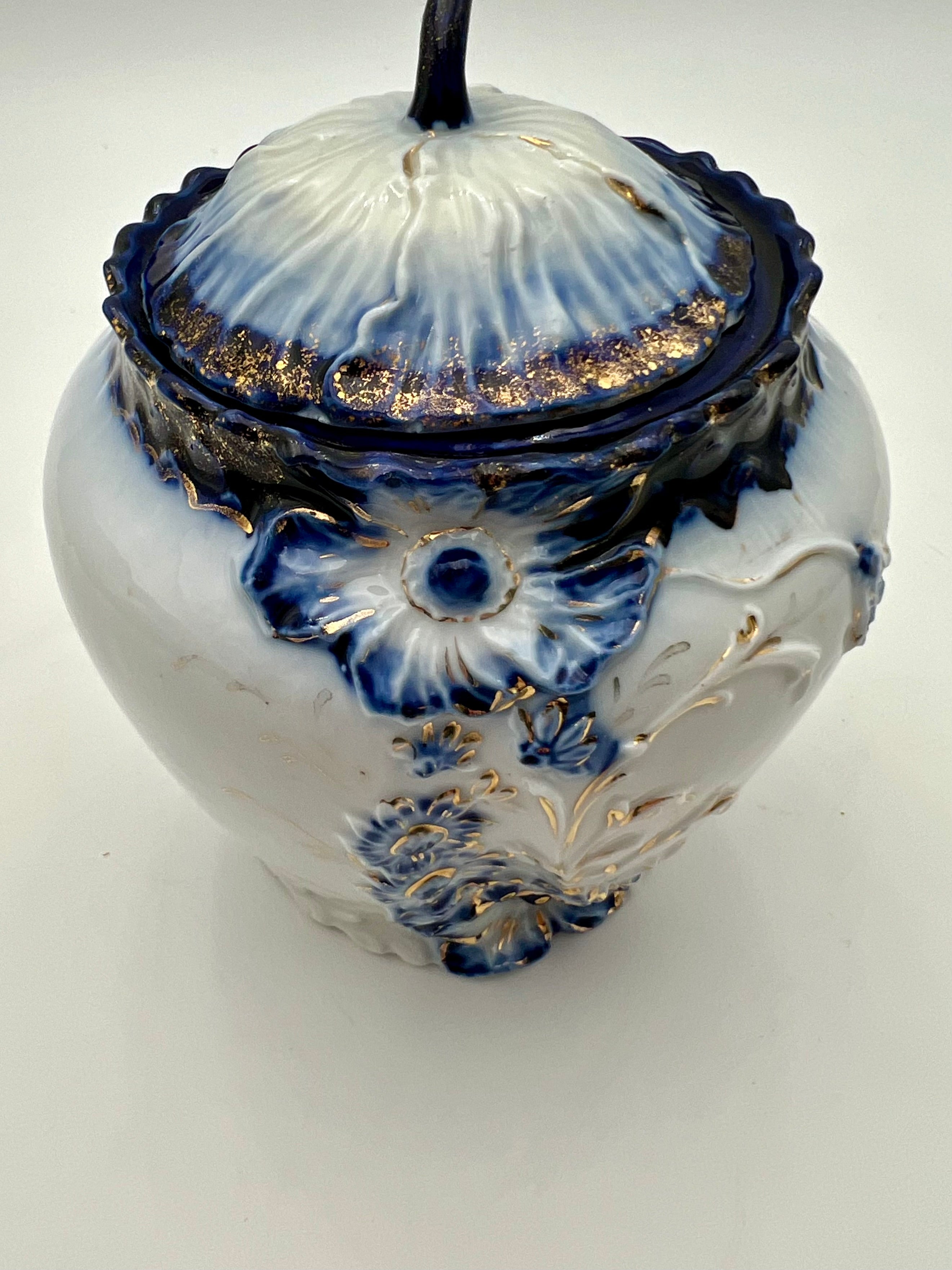 ANTIQUE COBALT BLUE & GOLD GILT PORCELAIN BISCUIT JAR WITH FLORAL RELIEF