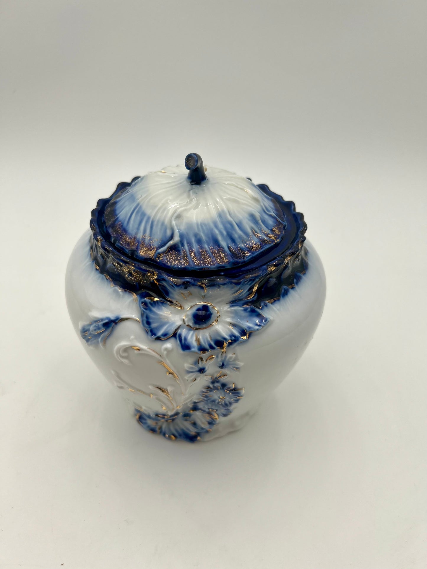 VINTAGE BLUE WHITE AND GOLD  MELON JAR