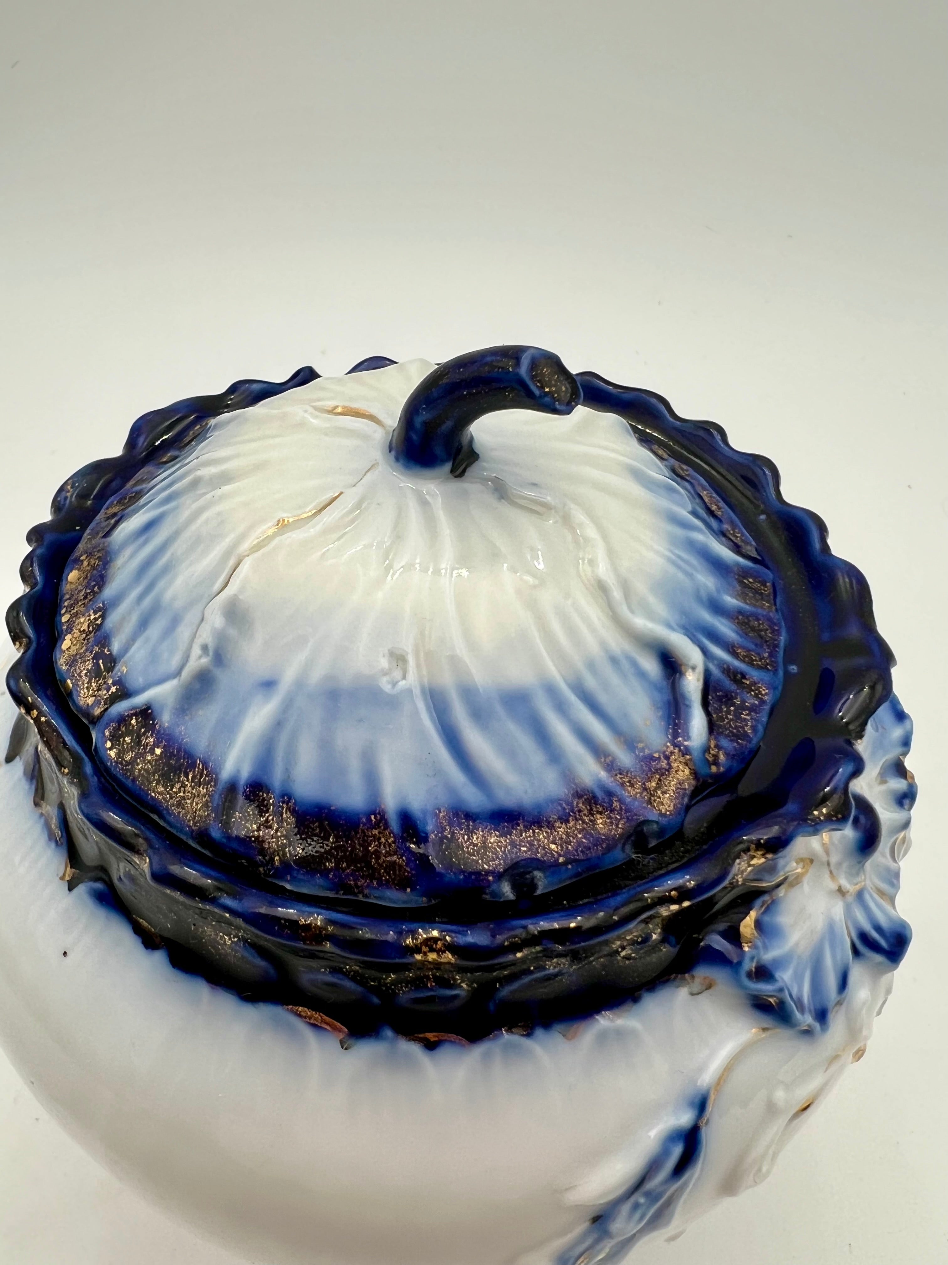 ANTIQUE COBALT BLUE & GOLD GILT PORCELAIN BISCUIT JAR WITH FLORAL RELIEF