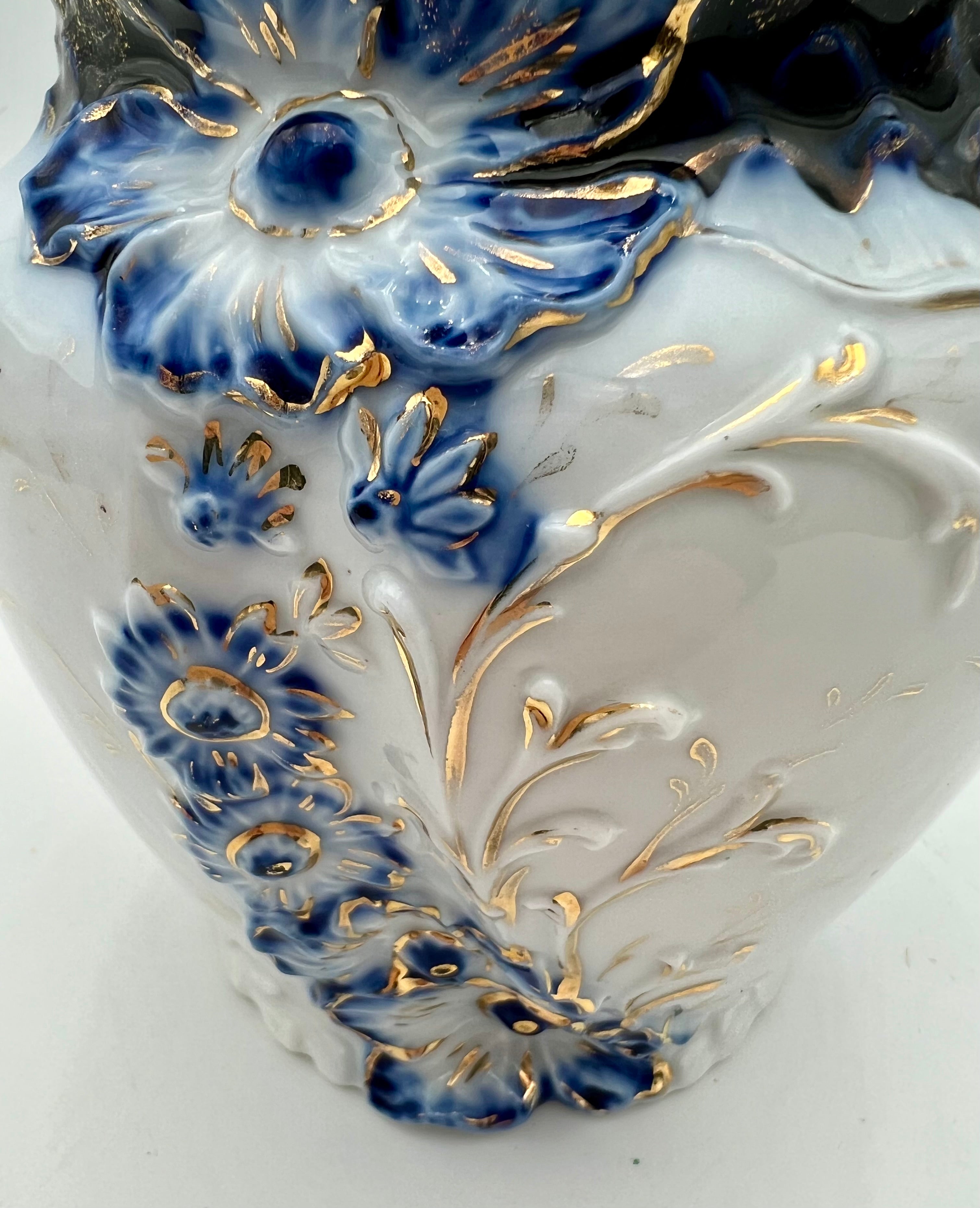 ANTIQUE COBALT BLUE & GOLD GILT PORCELAIN BISCUIT JAR WITH FLORAL RELIEF