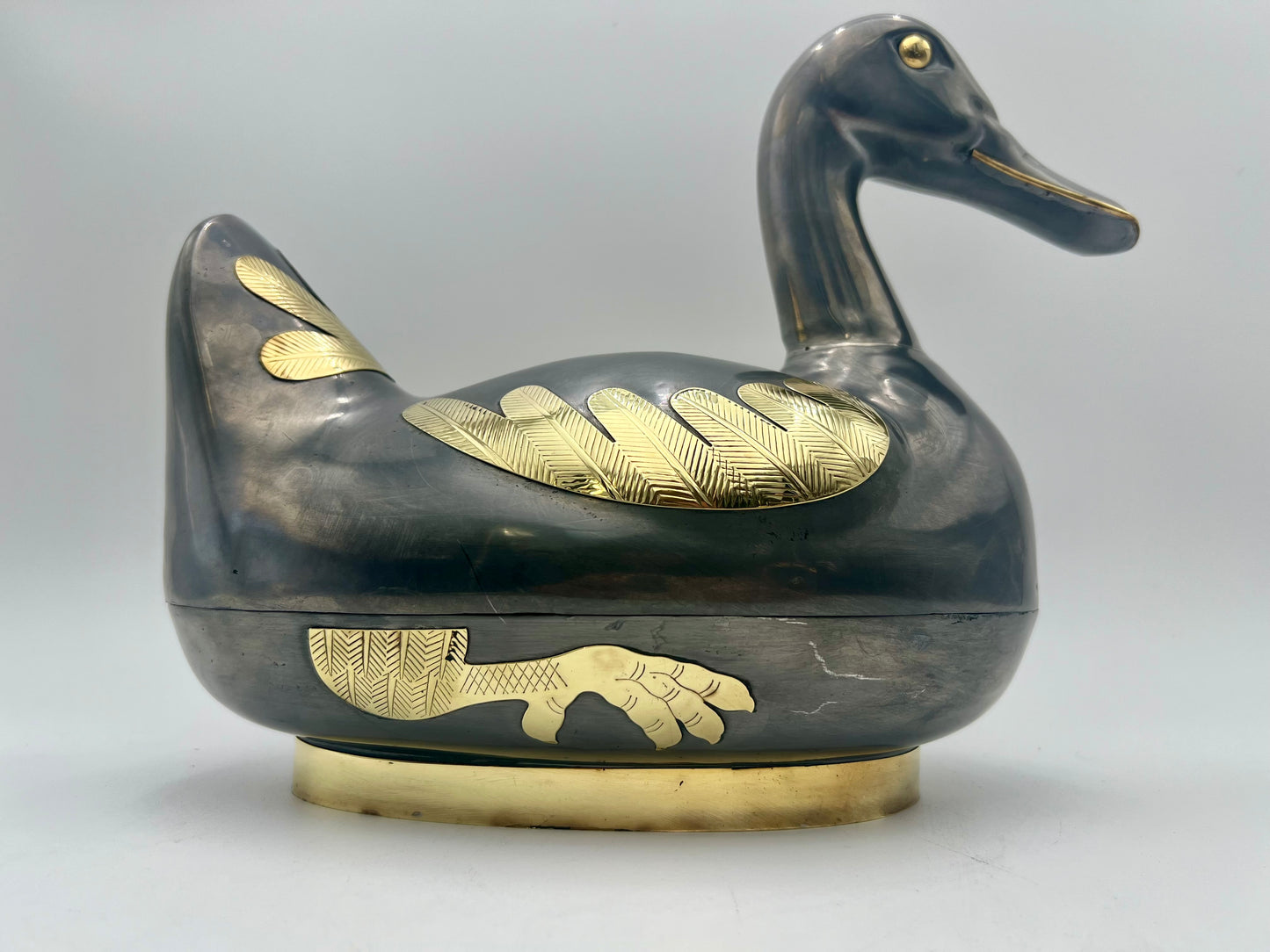 VINTAGE MID CENTURY PEWTER AND BRASS DUCK VESSEL, CIRCA 1970’S