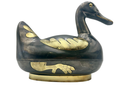 VINTAGE BRASS & PEWTER DUCK LIDDED BOX — NEIMAN MARCUS ERA INDIAN METAL ART
