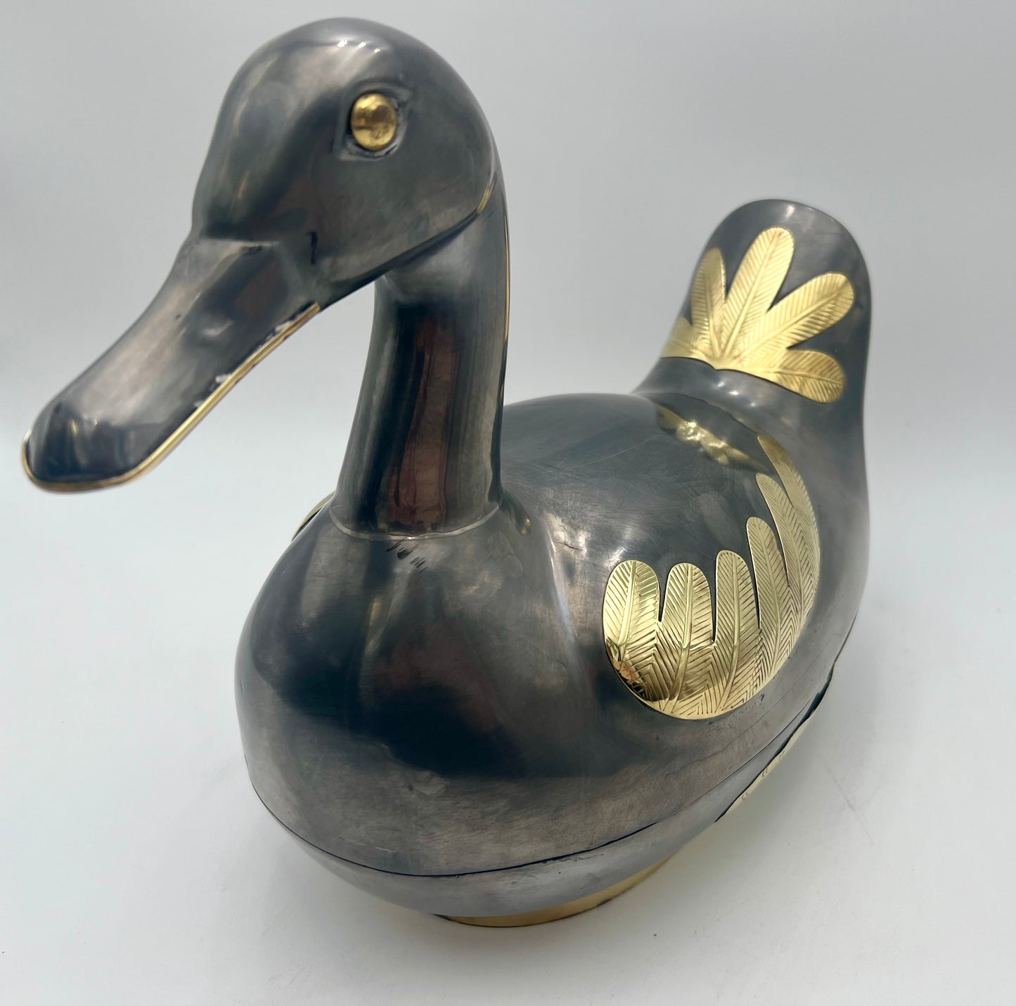 VINTAGE MID CENTURY PEWTER AND BRASS DUCK VESSEL, CIRCA 1970’S