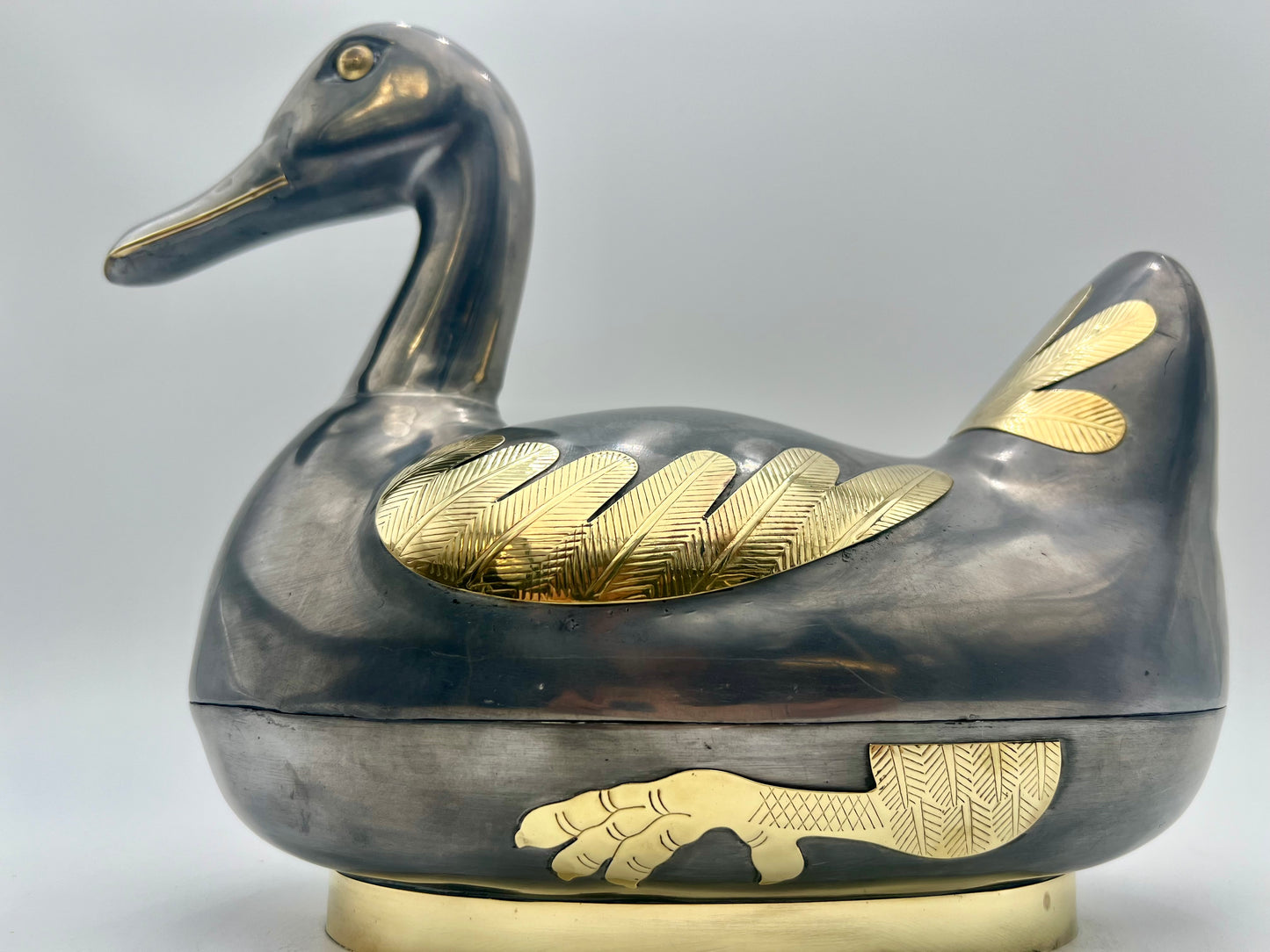 VINTAGE MID CENTURY PEWTER AND BRASS DUCK VESSEL, CIRCA 1970’S