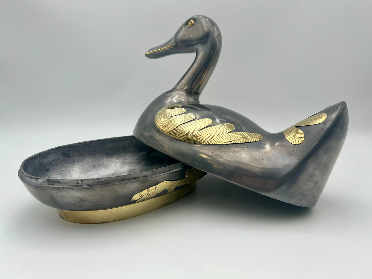 VINTAGE MID CENTURY PEWTER AND BRASS DUCK VESSEL, CIRCA 1970’S