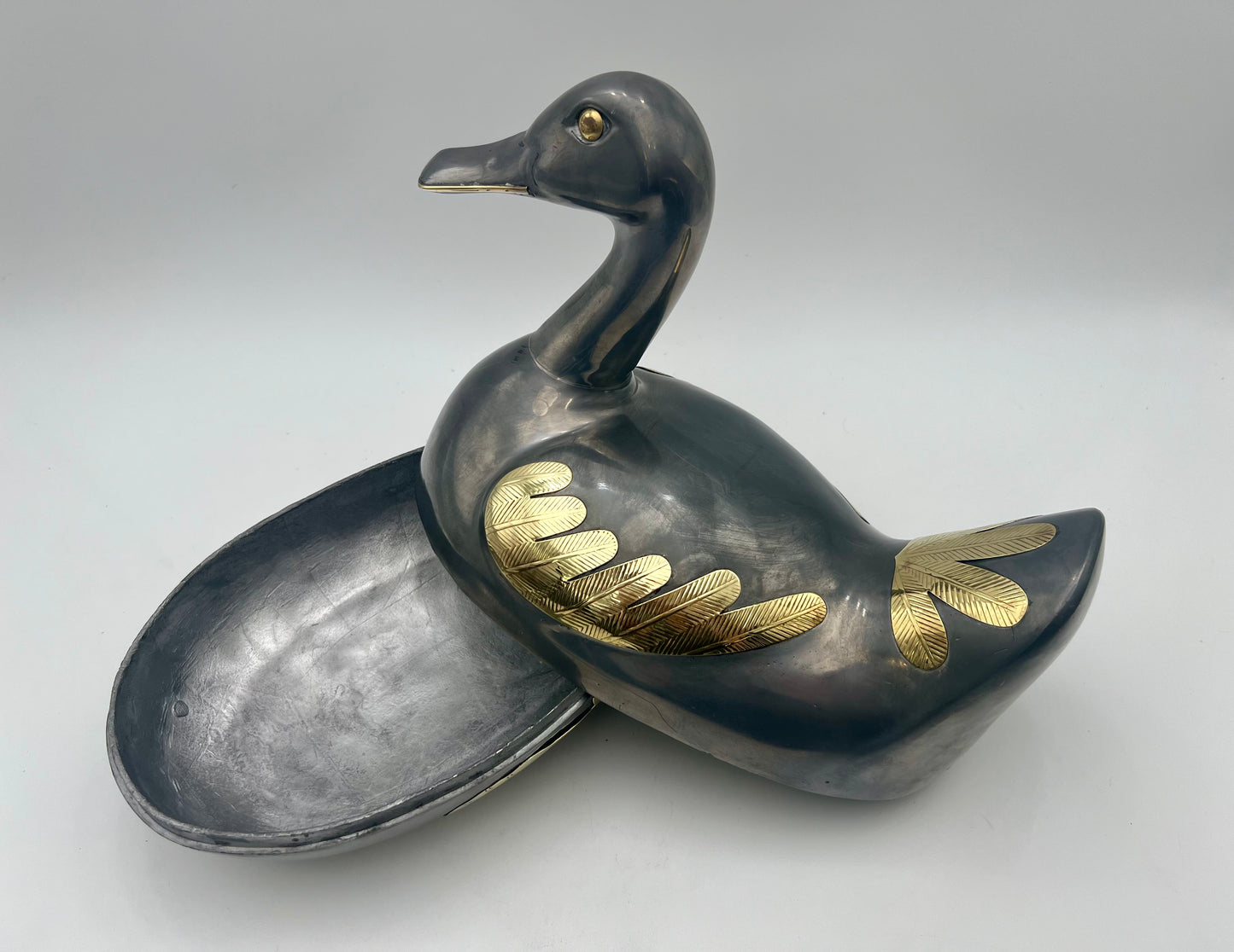 VINTAGE MID CENTURY PEWTER AND BRASS DUCK VESSEL, CIRCA 1970’S