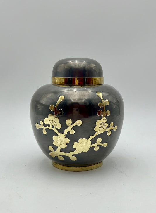 VINTAGE BRASS CHERRY BLOSSOM PEWTER JAR