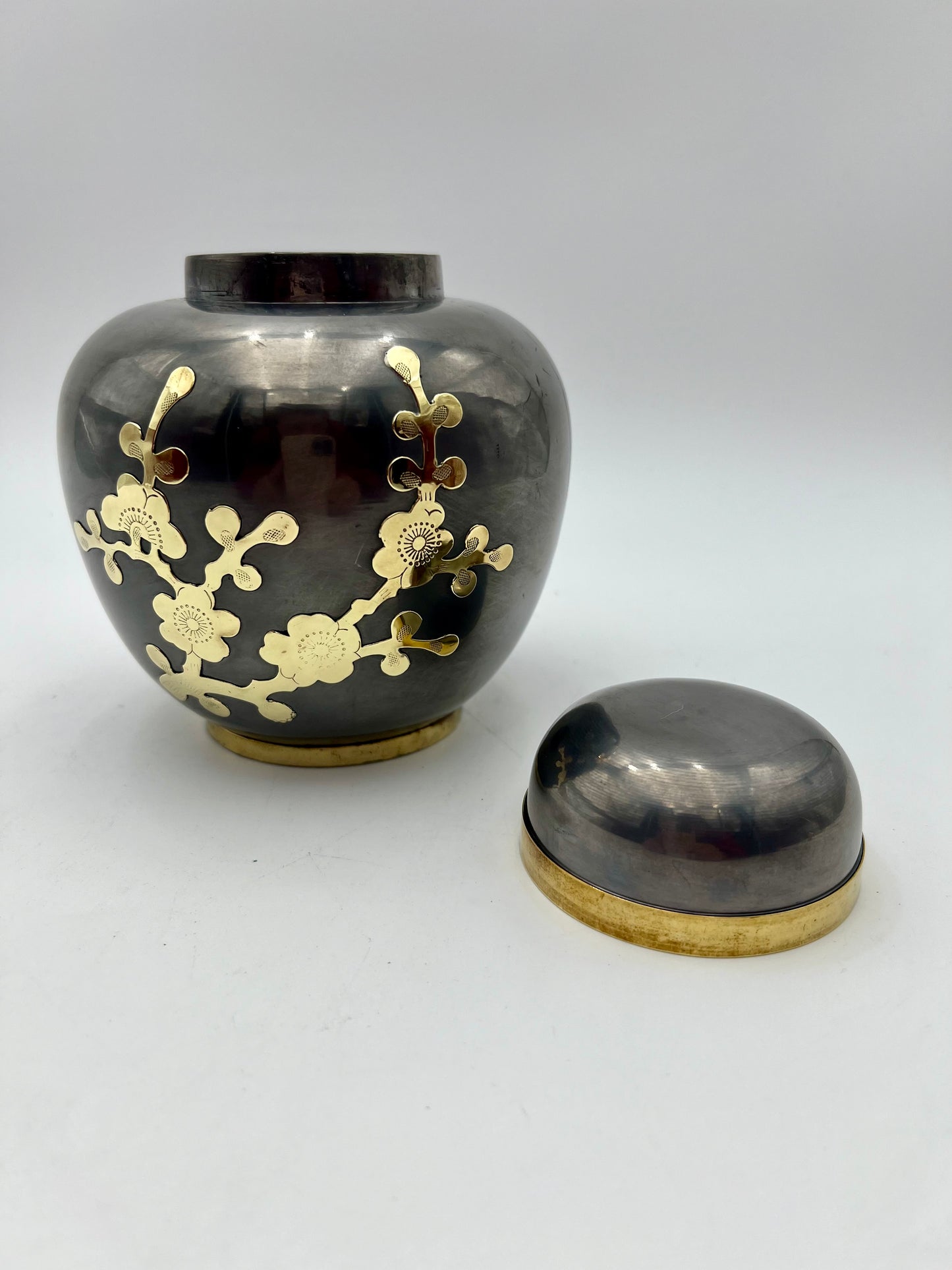 VINTAGE BRASS CHERRY BLOSSOM PEWTER JAR