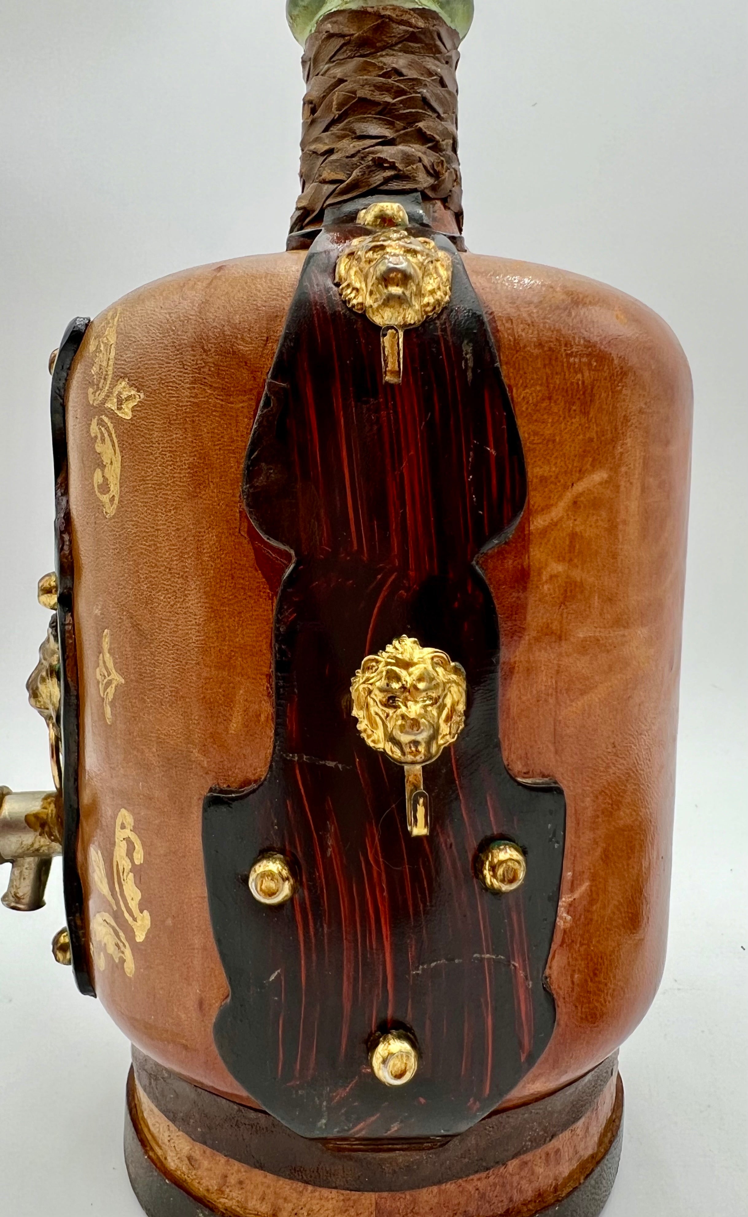 VINTAGE ITALIAN LEATHER-WRAPPED DECANTER SET WITH LION SPIGOT