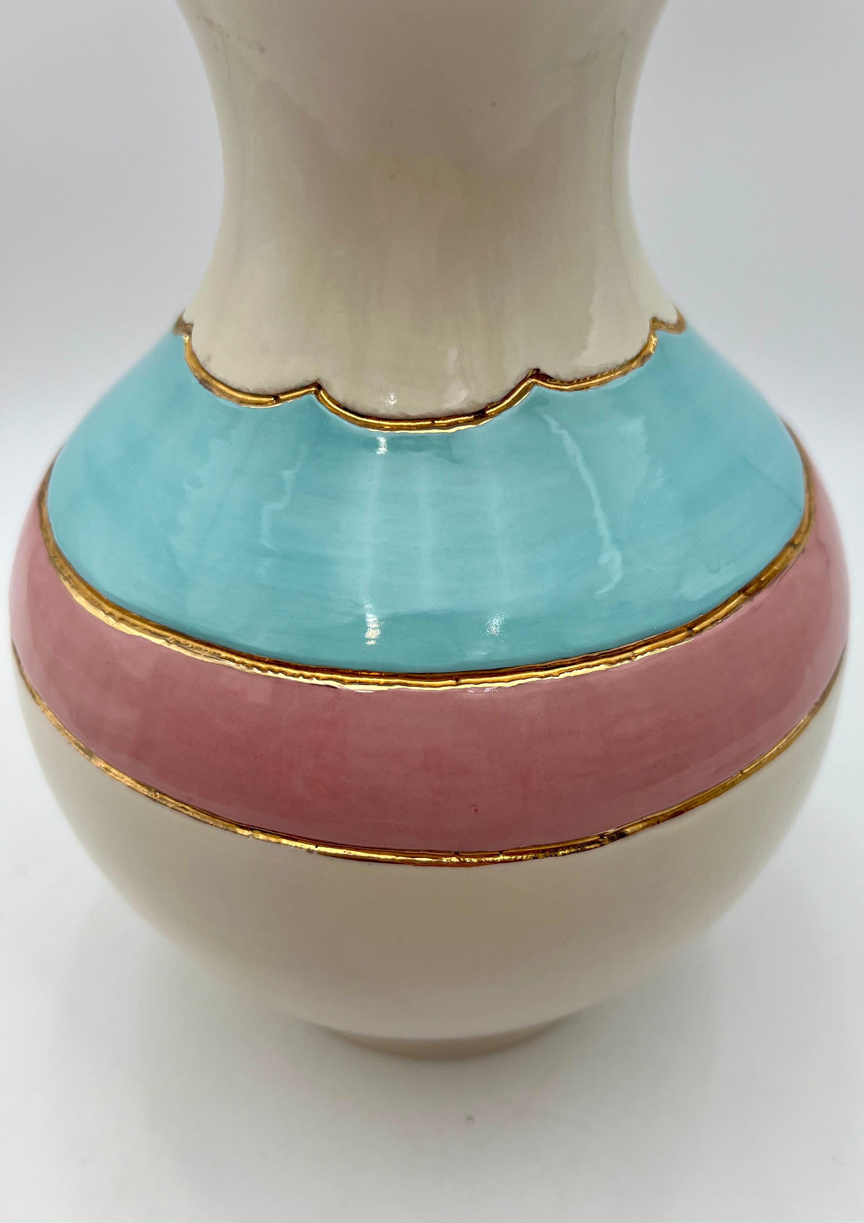 VINTAGE HOLLYWOOD REGENCY PORCELAIN VASE TURQUOISE PINK GOLD MID CENTURY DECOR
