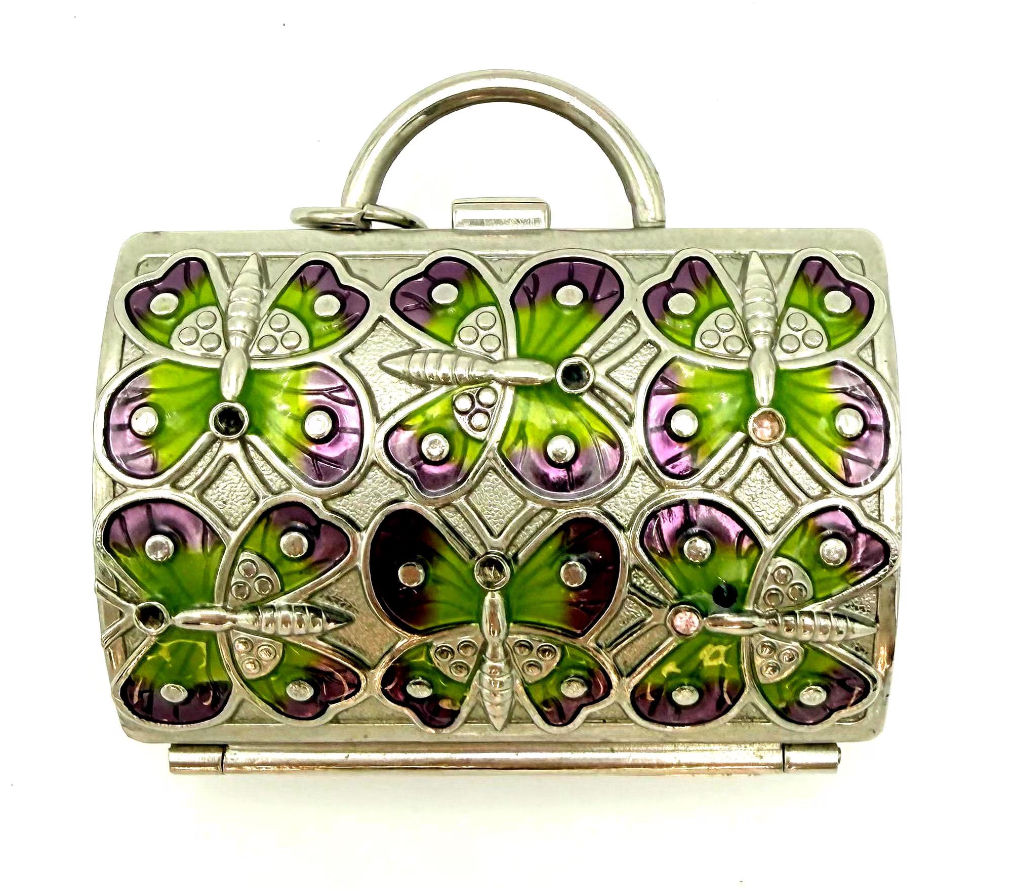 JUDITH LEIBER BUTTERFLY MINAUDIÈRE COMPACT FOR NEIMAN MARCUS – VINTAGE ENAMEL RHINESTONE MINI PURSE TRINKET BOX