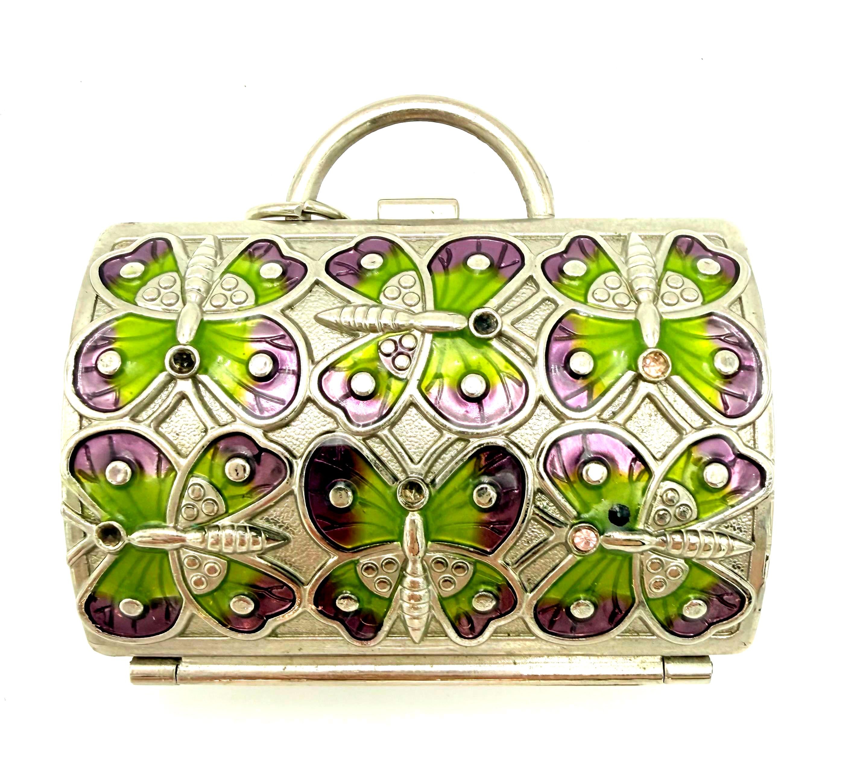 JUDITH LEIBER BUTTERFLY MINAUDIÈRE COMPACT FOR NEIMAN MARCUS – VINTAGE ENAMEL RHINESTONE MINI PURSE TRINKET BOX