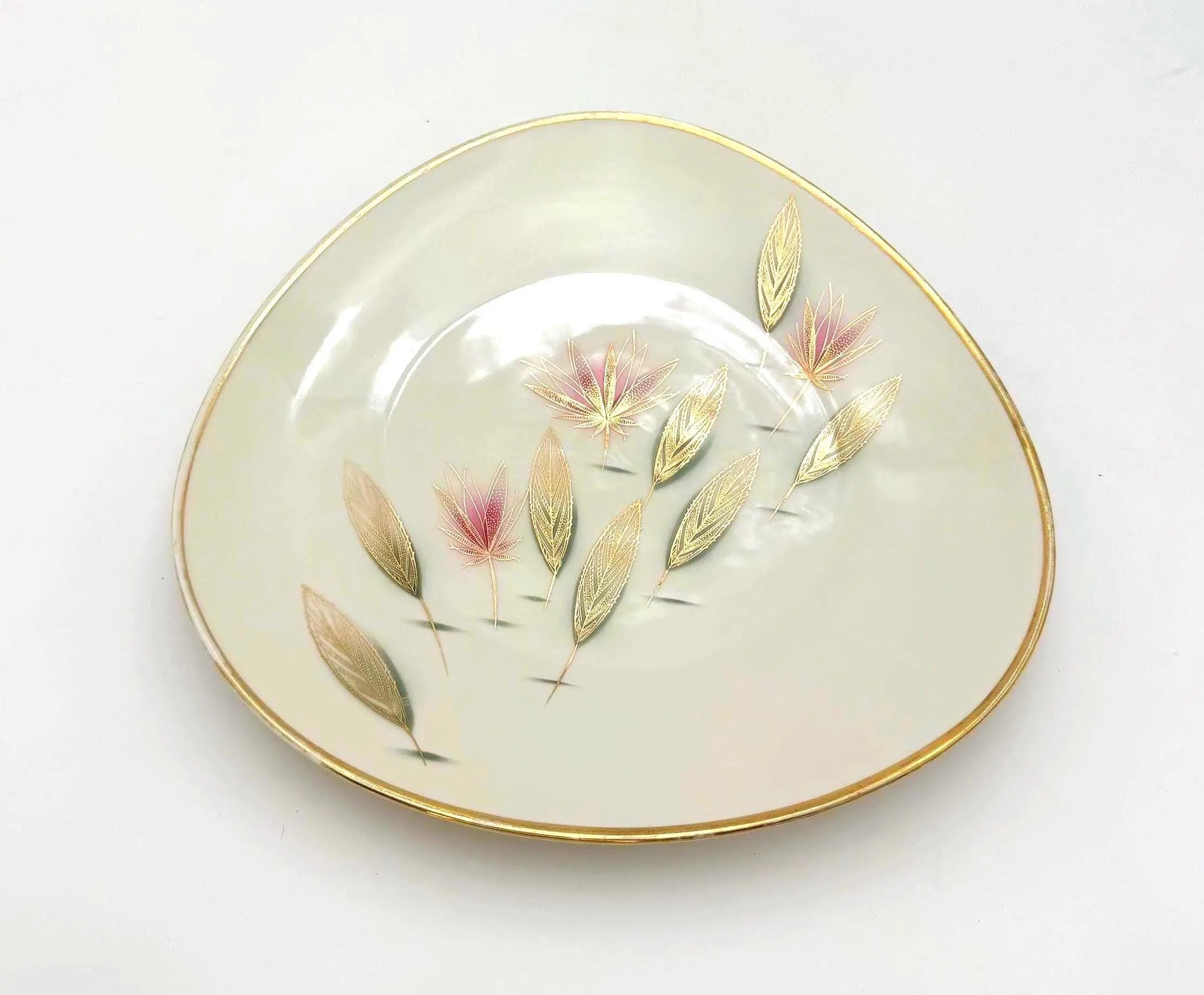 MID CENTURY BAVARIAN PORCELAIN SERVING BOWL | 12 INCH ELFENBEIN IVORY GOLD LEAF ATOMIC FLORAL DISH