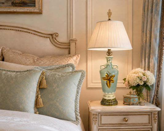MID CENTURY CELADON BLUE ART POTTERY TABLE LAMP WITH GOLD LEAF BOTANICAL MOTIF | HOLLYWOOD REGENCY SCULPTURAL URN LAMP, 1950s