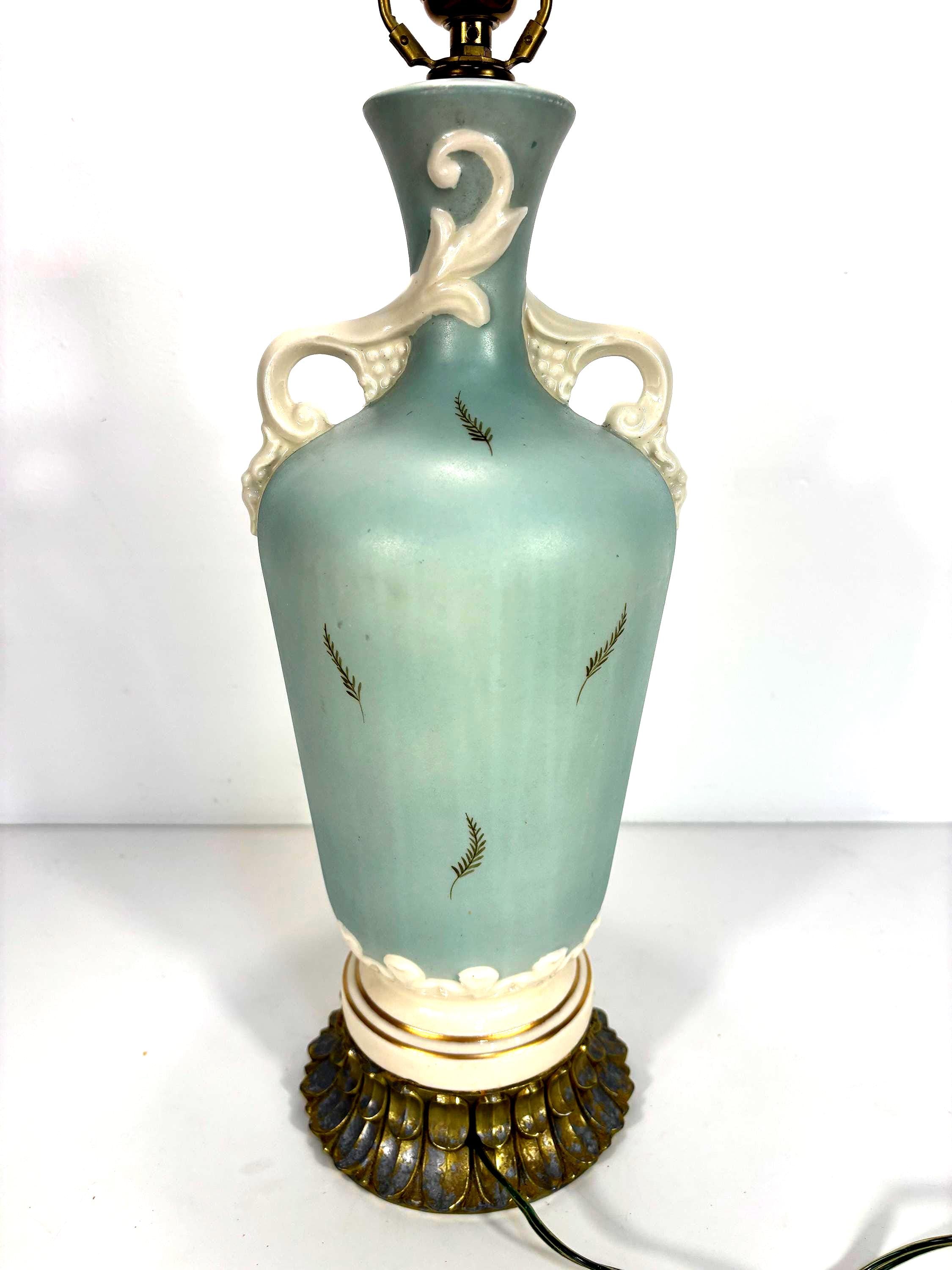 MID CENTURY CELADON BLUE ART POTTERY TABLE LAMP WITH GOLD LEAF BOTANICAL MOTIF | HOLLYWOOD REGENCY SCULPTURAL URN LAMP, 1950s