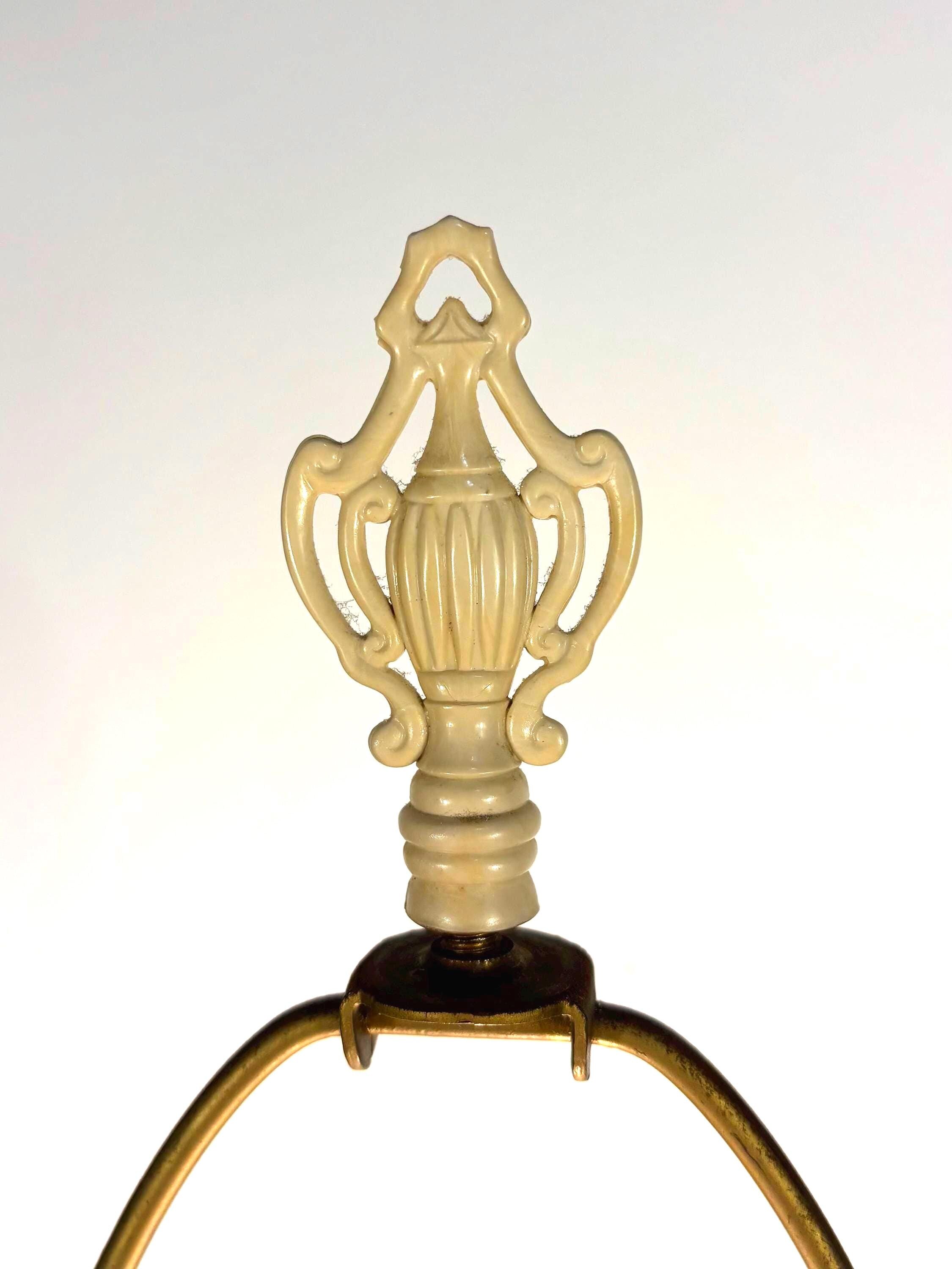 MID CENTURY CELADON BLUE ART POTTERY TABLE LAMP WITH GOLD LEAF BOTANICAL MOTIF | HOLLYWOOD REGENCY SCULPTURAL URN LAMP, 1950s