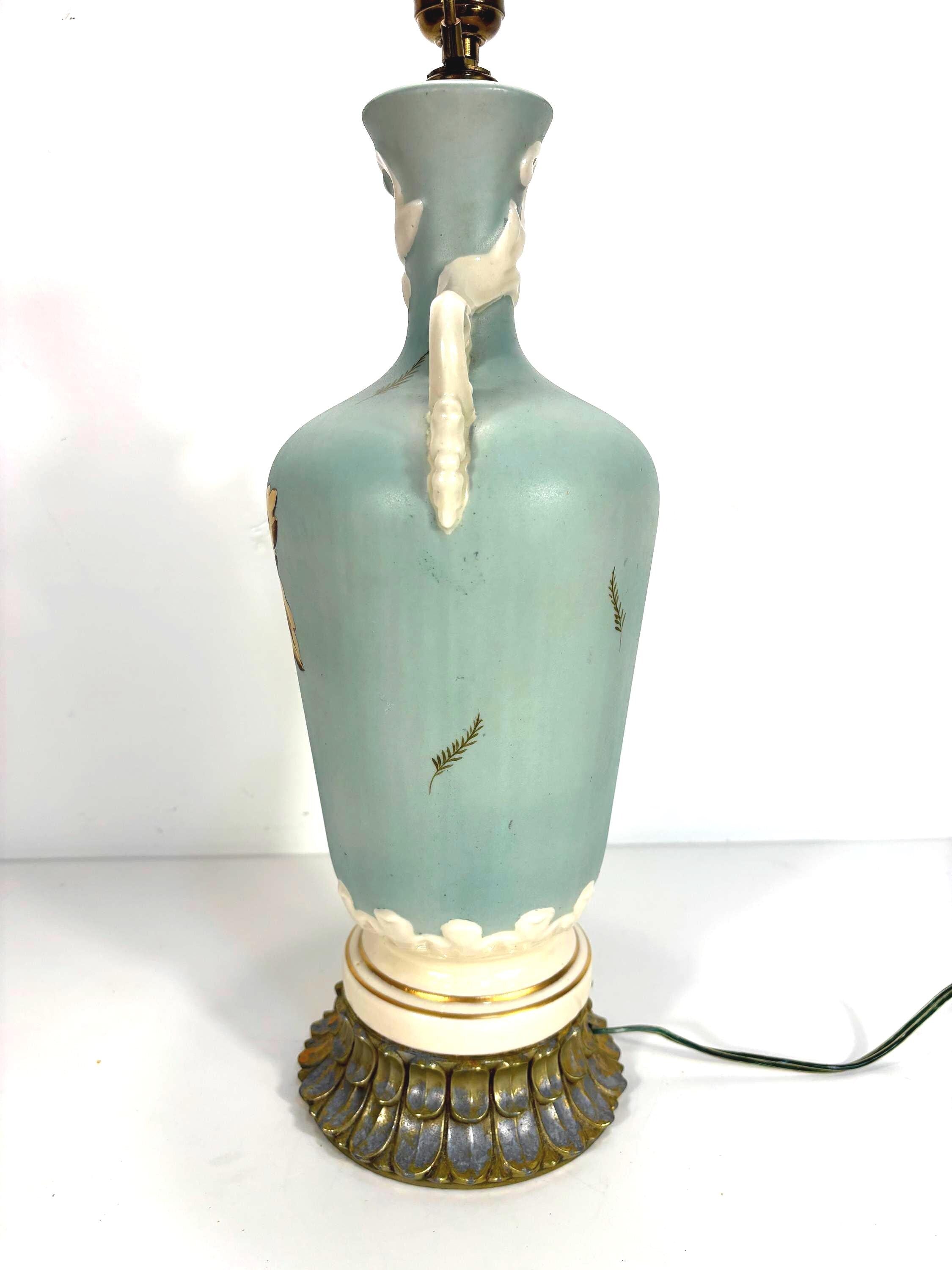 MID CENTURY CELADON BLUE ART POTTERY TABLE LAMP WITH GOLD LEAF BOTANICAL MOTIF | HOLLYWOOD REGENCY SCULPTURAL URN LAMP, 1950s