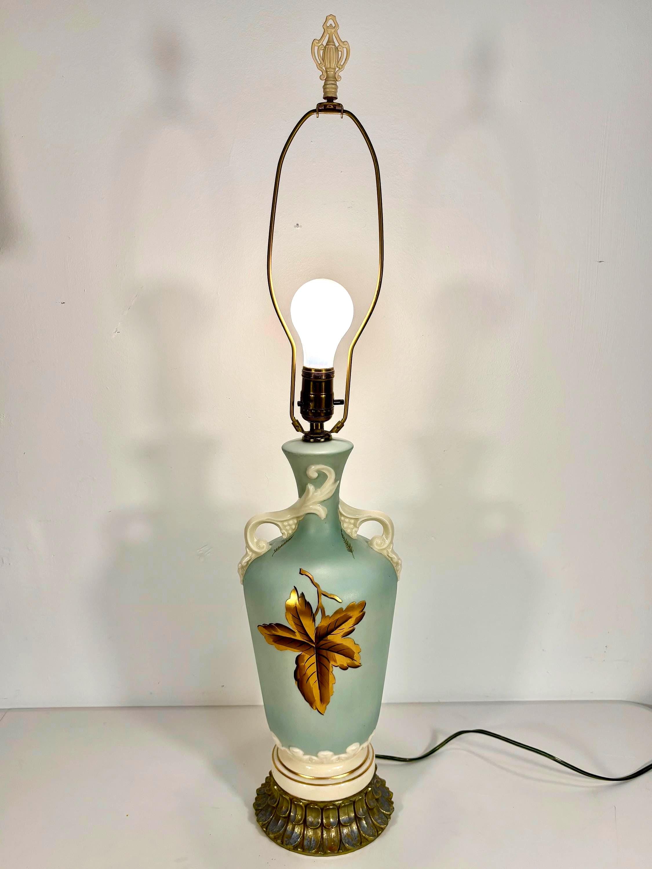 MID CENTURY CELADON BLUE ART POTTERY TABLE LAMP WITH GOLD LEAF BOTANICAL MOTIF | HOLLYWOOD REGENCY SCULPTURAL URN LAMP, 1950s
