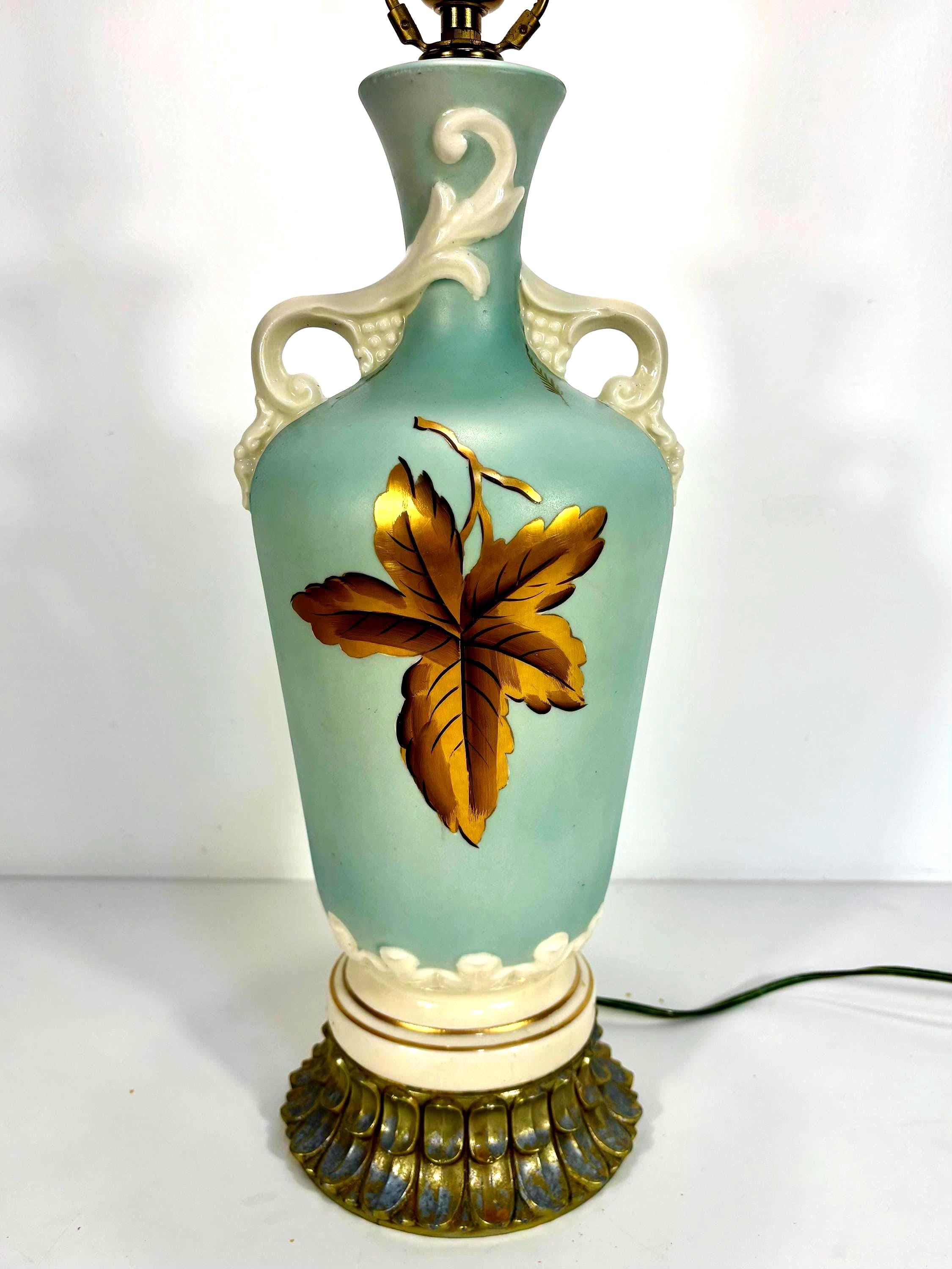 MID CENTURY CELADON BLUE ART POTTERY TABLE LAMP WITH GOLD LEAF BOTANICAL MOTIF | HOLLYWOOD REGENCY SCULPTURAL URN LAMP, 1950s