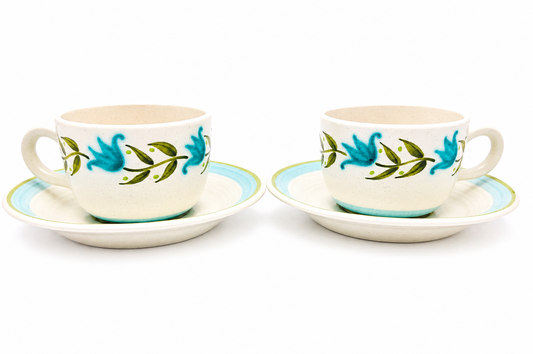 Mid Century Franciscan Tulip Time Teacup and Saucer Set, Vintage California Earthenware Coffee Set for Two, Floral Cottagecore Tableware