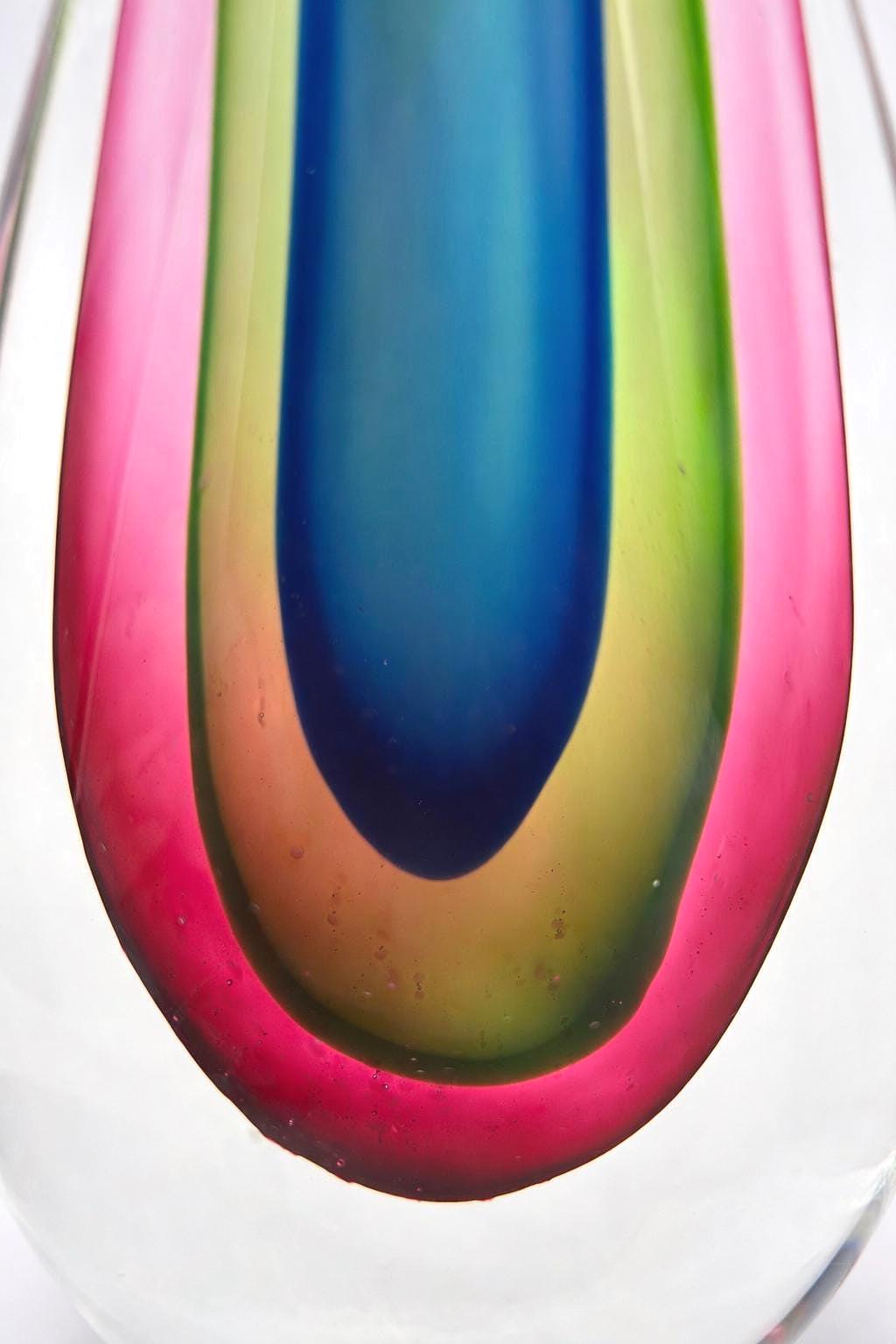 Murano Sommerso Art Glass Sculpture Teardrop, Mid Century Italian Cased Glass Blue Green Pink, 10.5 Inch Modernist Glass Object