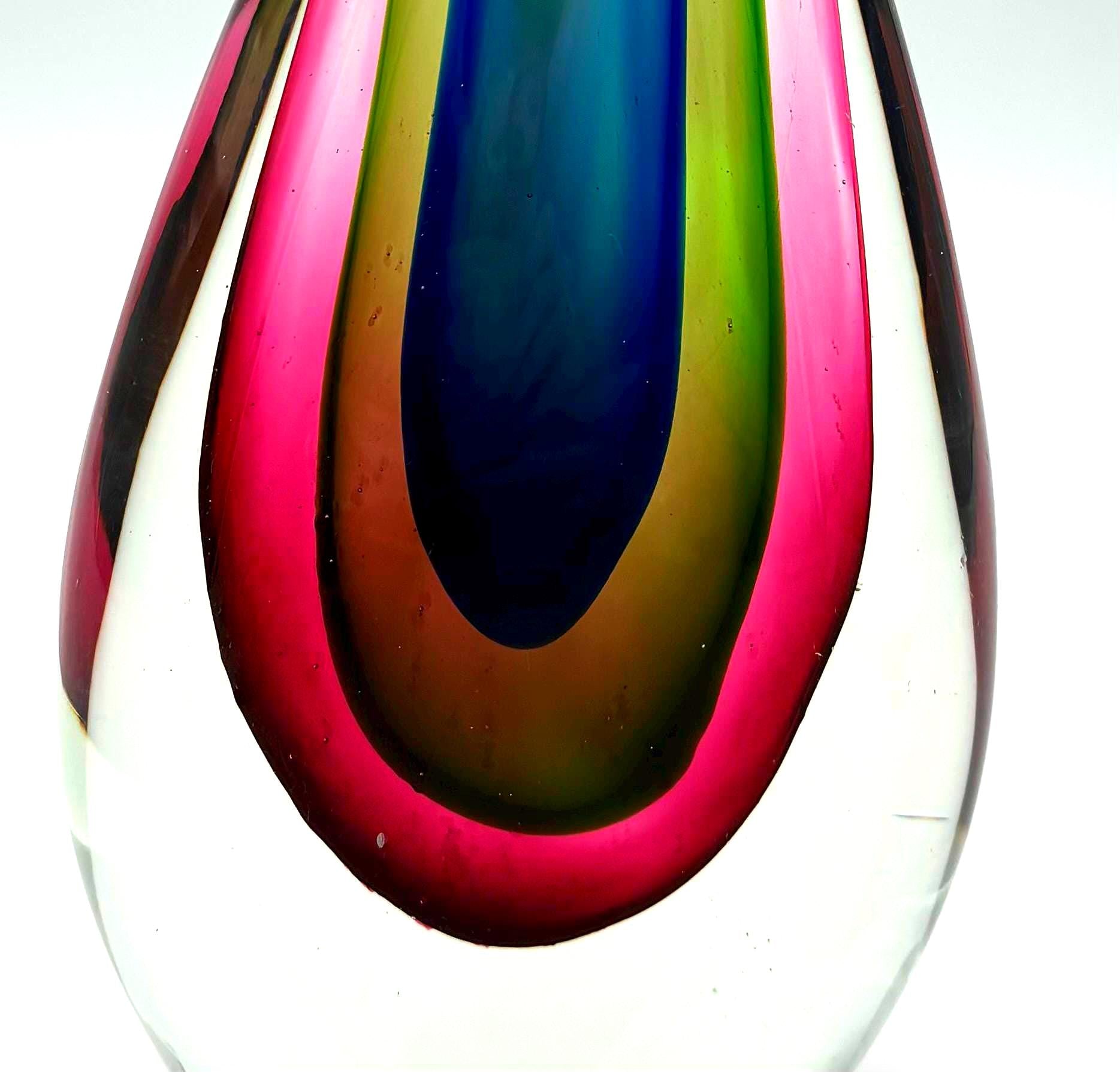Murano Sommerso Art Glass Sculpture Teardrop, Mid Century Italian Cased Glass Blue Green Pink, 10.5 Inch Modernist Glass Object