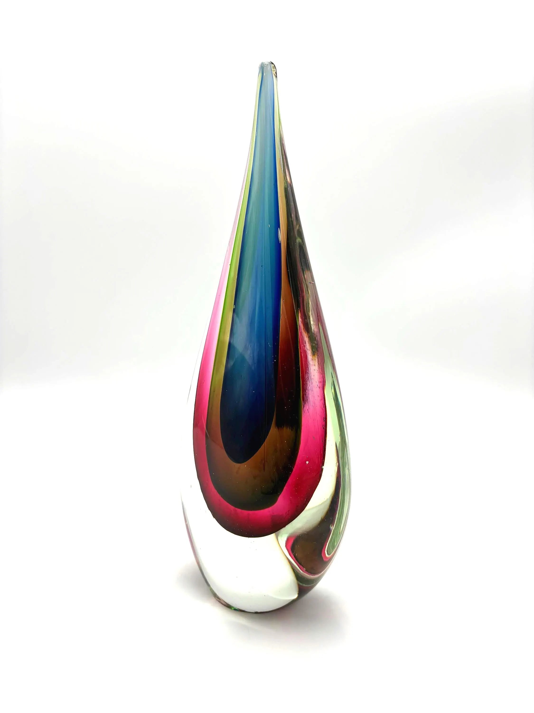Murano Sommerso Art Glass Sculpture Teardrop, Mid Century Italian Cased Glass Blue Green Pink, 10.5 Inch Modernist Glass Object