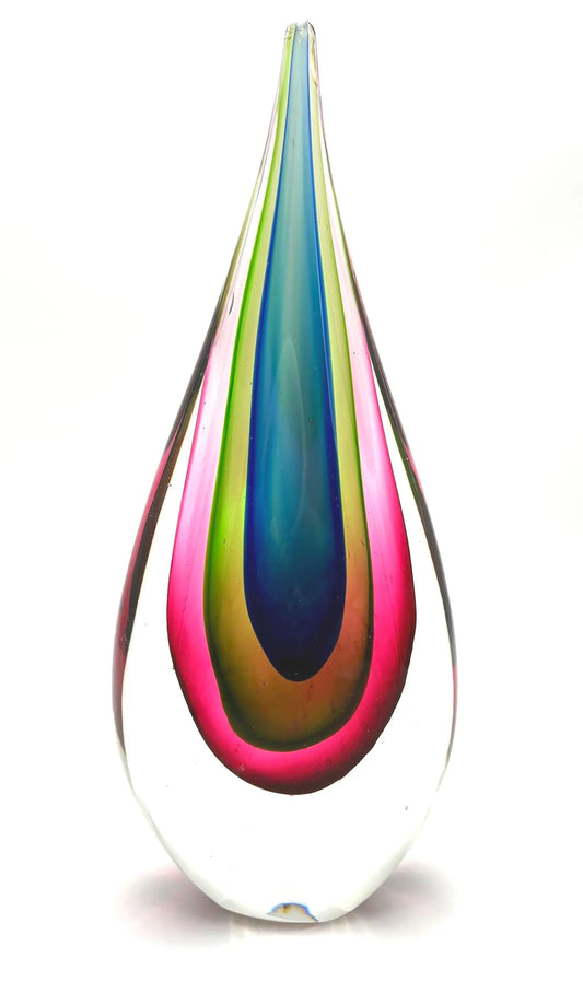 Murano Sommerso Art Glass Sculpture Teardrop, Mid Century Italian Cased Glass Blue Green Pink, 10.5 Inch Modernist Glass Object