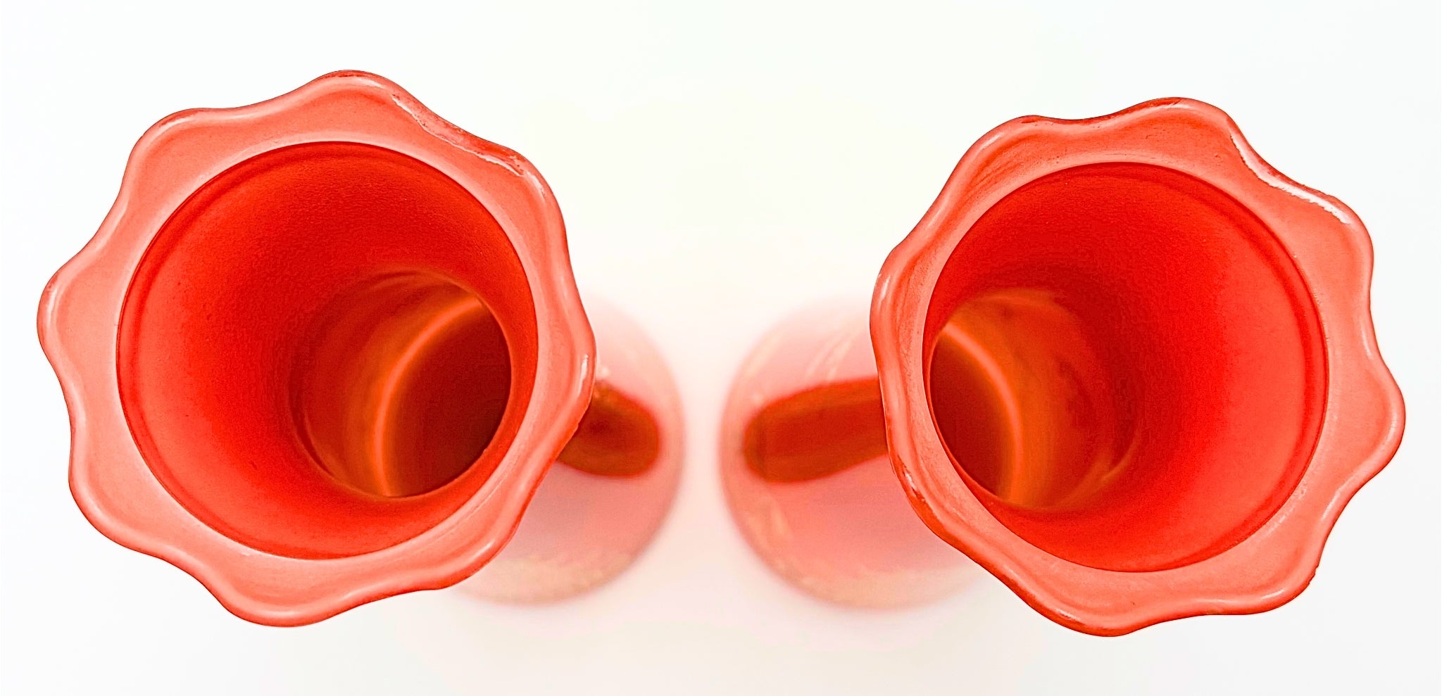 PAIR OF MID CENTURY CHINOISERIE CORAL ART GLASS VASES | HAND BLOWN JAPANESE BUD VASES | PAGODA DECOR | ASIAN LANDSCAPE | HOLLYWOOD REGENCY
