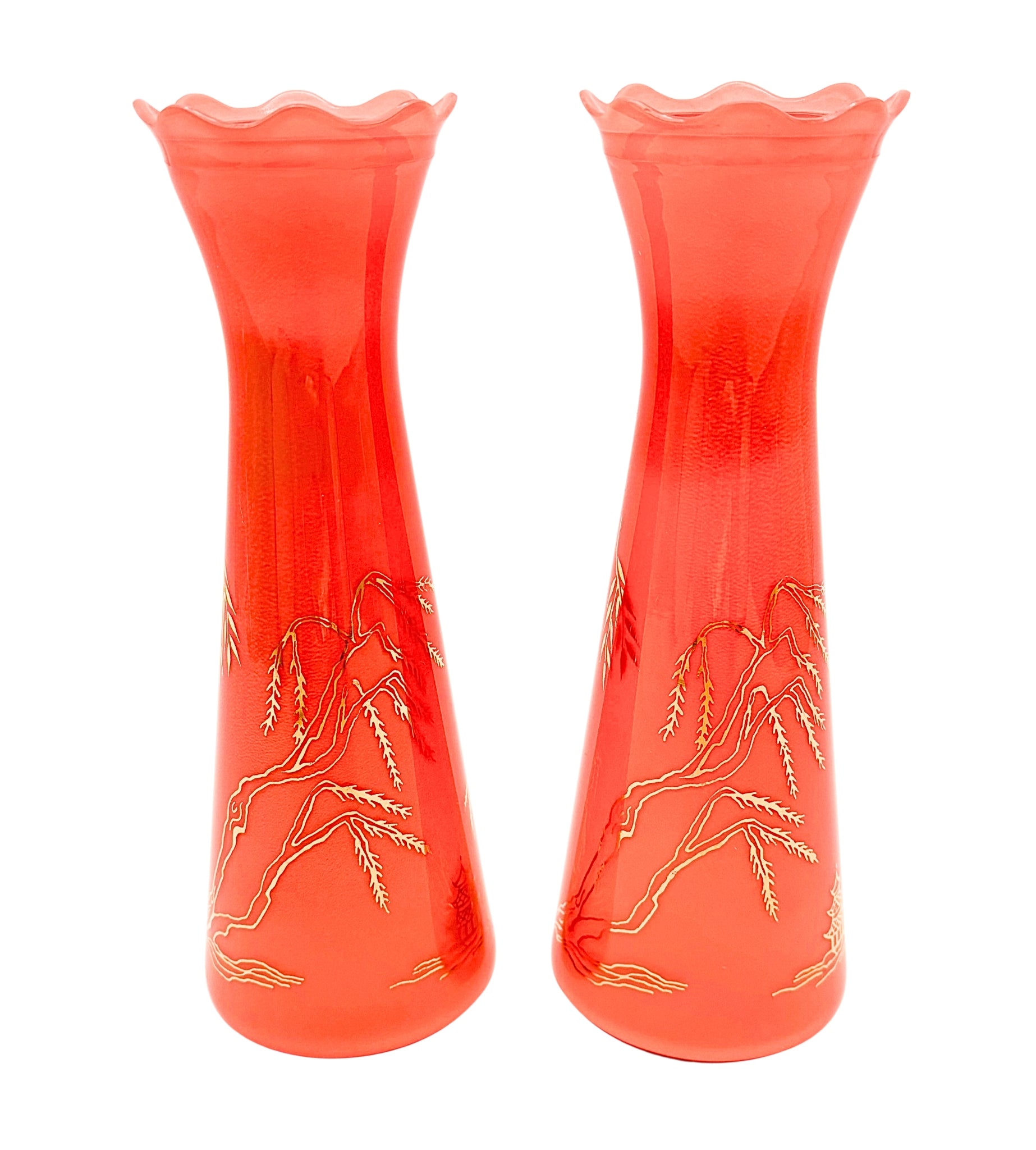 PAIR OF MID CENTURY CHINOISERIE CORAL ART GLASS VASES | HAND BLOWN JAPANESE BUD VASES | PAGODA DECOR | ASIAN LANDSCAPE | HOLLYWOOD REGENCY