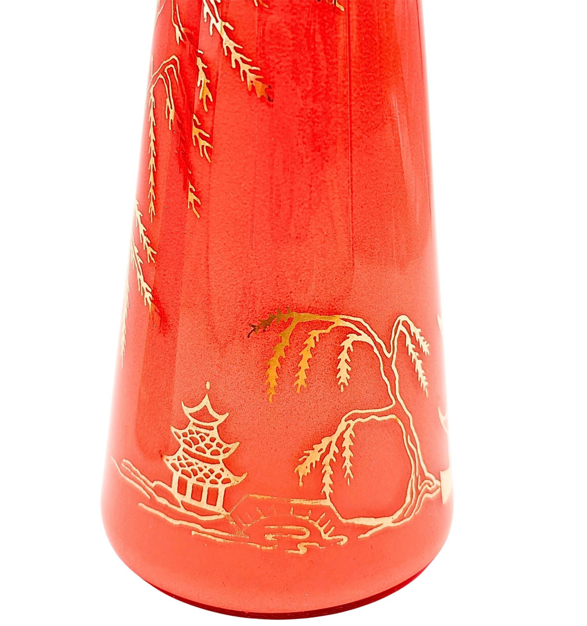 PAIR OF MID CENTURY CHINOISERIE CORAL ART GLASS VASES | HAND BLOWN JAPANESE BUD VASES | PAGODA DECOR | ASIAN LANDSCAPE | HOLLYWOOD REGENCY