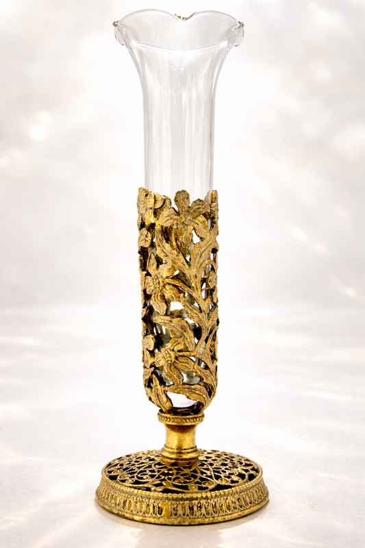 VINTAGE BRASS FILIGREE BUD VASE WITH GLASS INSERT | HOLLYWOOD REGENCY FLORAL METAL DECOR ACCENT