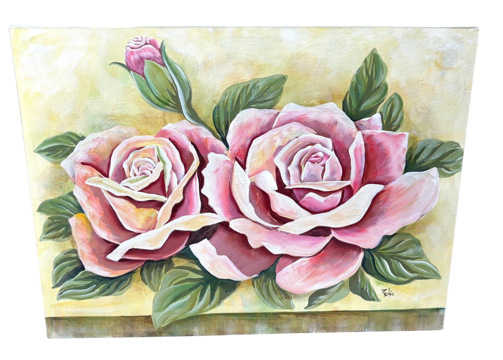 LARGE ORIGINAL PINK ROSE PAINTING ON CANVAS – SIGNED COTTAGECORE FLORAL WALL ART