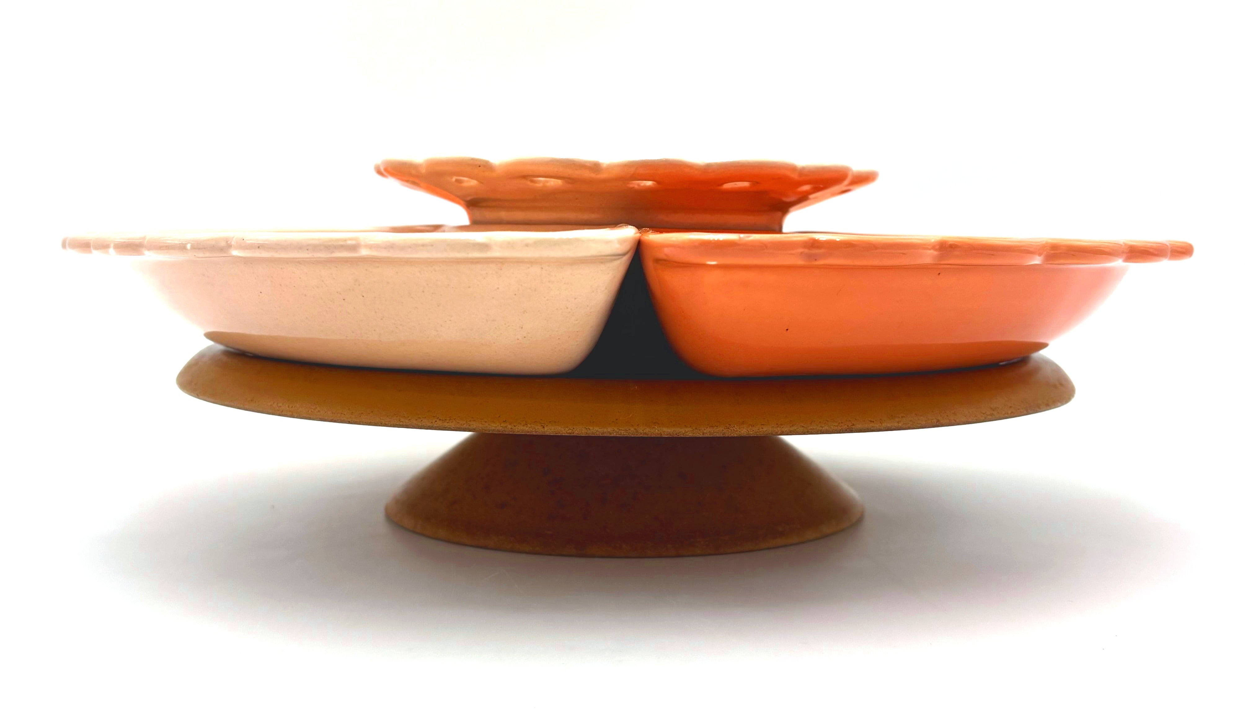 VINTAGE CALIFORNIA POTTERY LAZY SUSAN CHIP & DIP SET