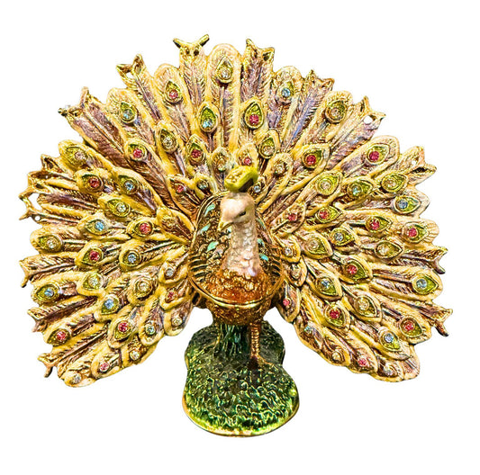 VINTAGE STYLE JEWELED PEACOCK TRINKET BOX MAGNETIC ENAMEL HOLLYWOOD REGENCY DECOR