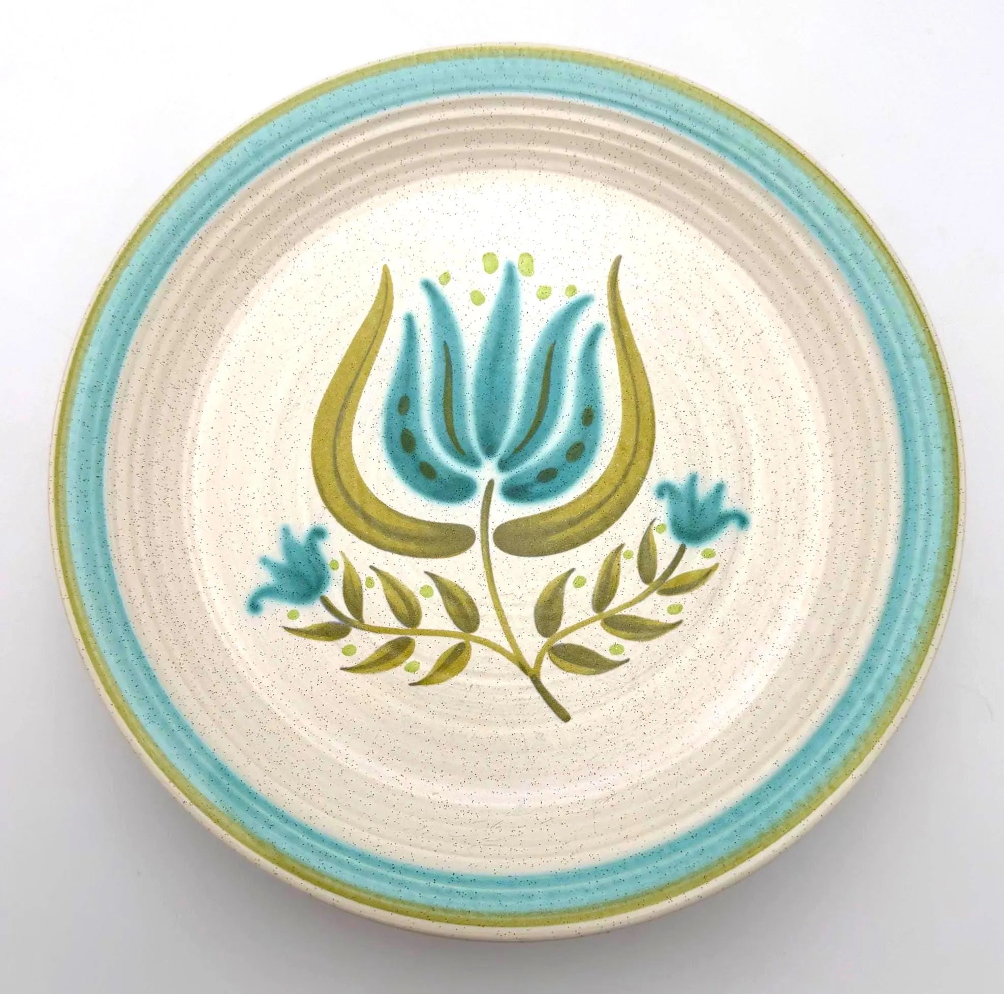 SET OF 4 VINTAGE FRANCISCAN TULIP TIME DINNER PLATES – BLUE GREEN FLORAL MID CENTURY FARMHOUSE TABLEWARE