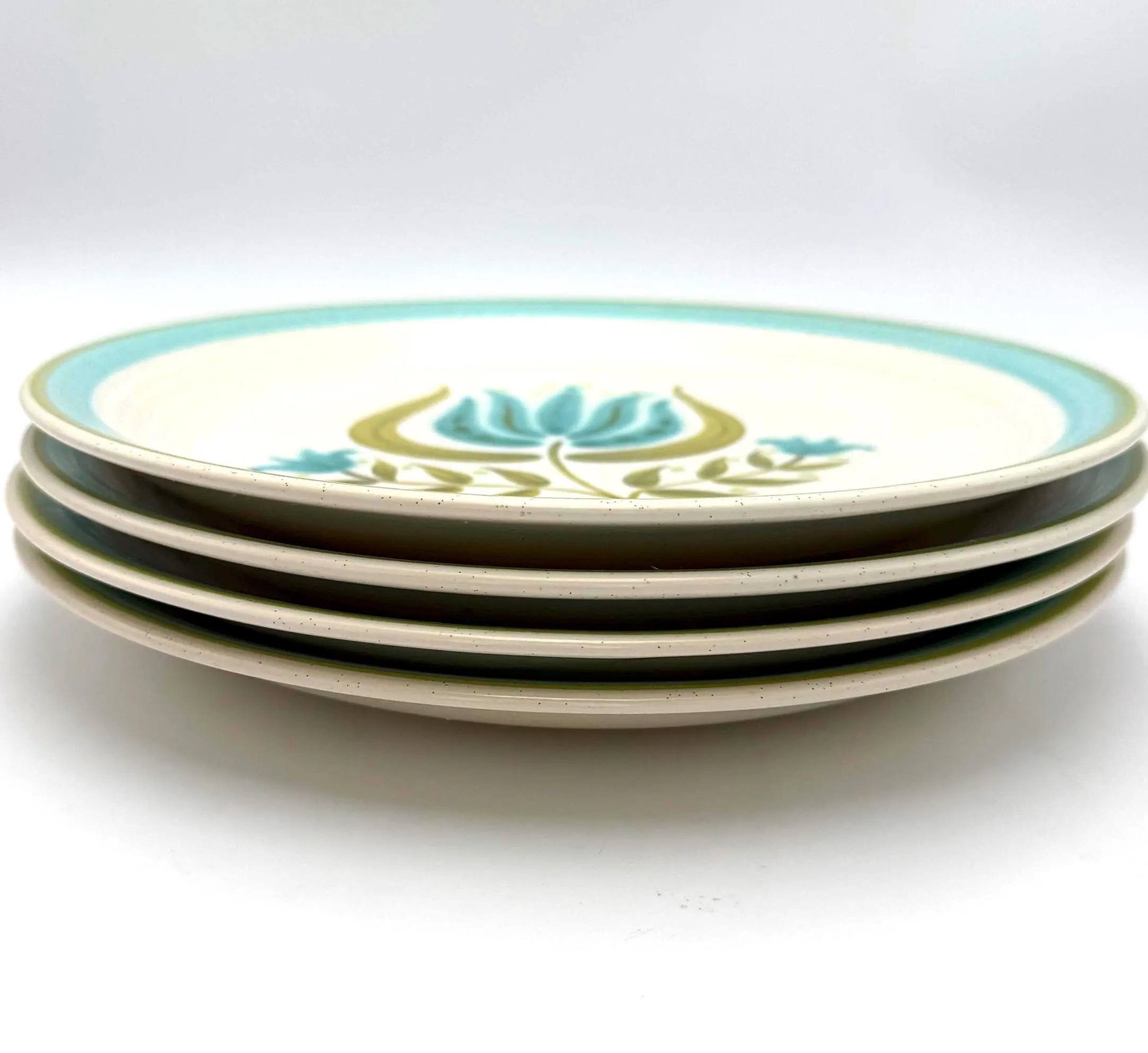 SET OF 4 VINTAGE FRANCISCAN TULIP TIME DINNER PLATES – BLUE GREEN FLORAL MID CENTURY FARMHOUSE TABLEWARE