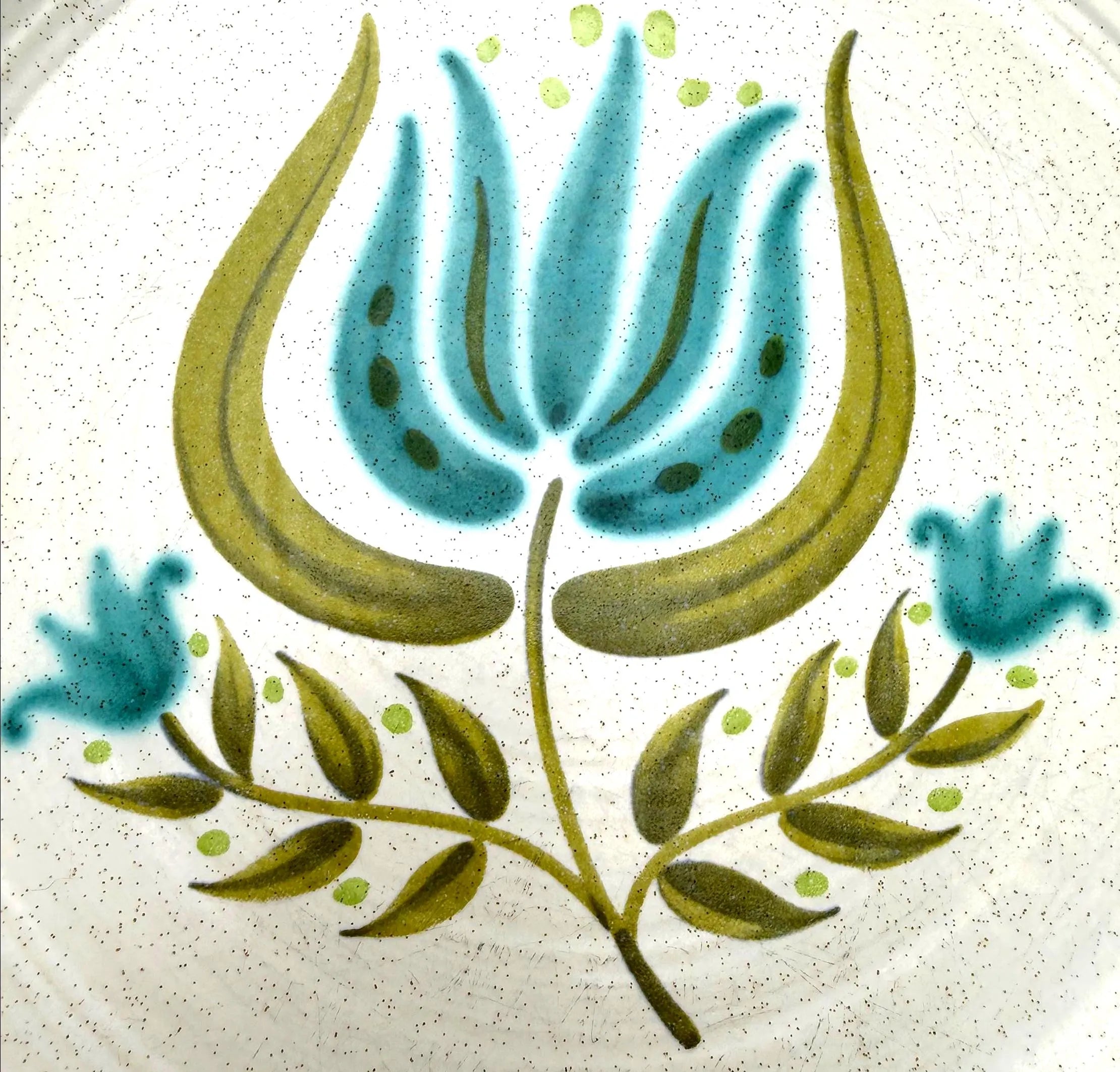 SET OF 4 VINTAGE FRANCISCAN TULIP TIME DINNER PLATES – BLUE GREEN FLORAL MID CENTURY FARMHOUSE TABLEWARE