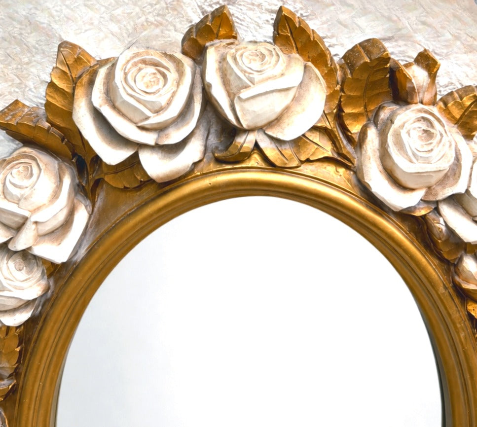 VINTAGE HOLLYWOOD REGENCY CREAM ROSE & GOLD LEAF OVAL WALL MIRROR