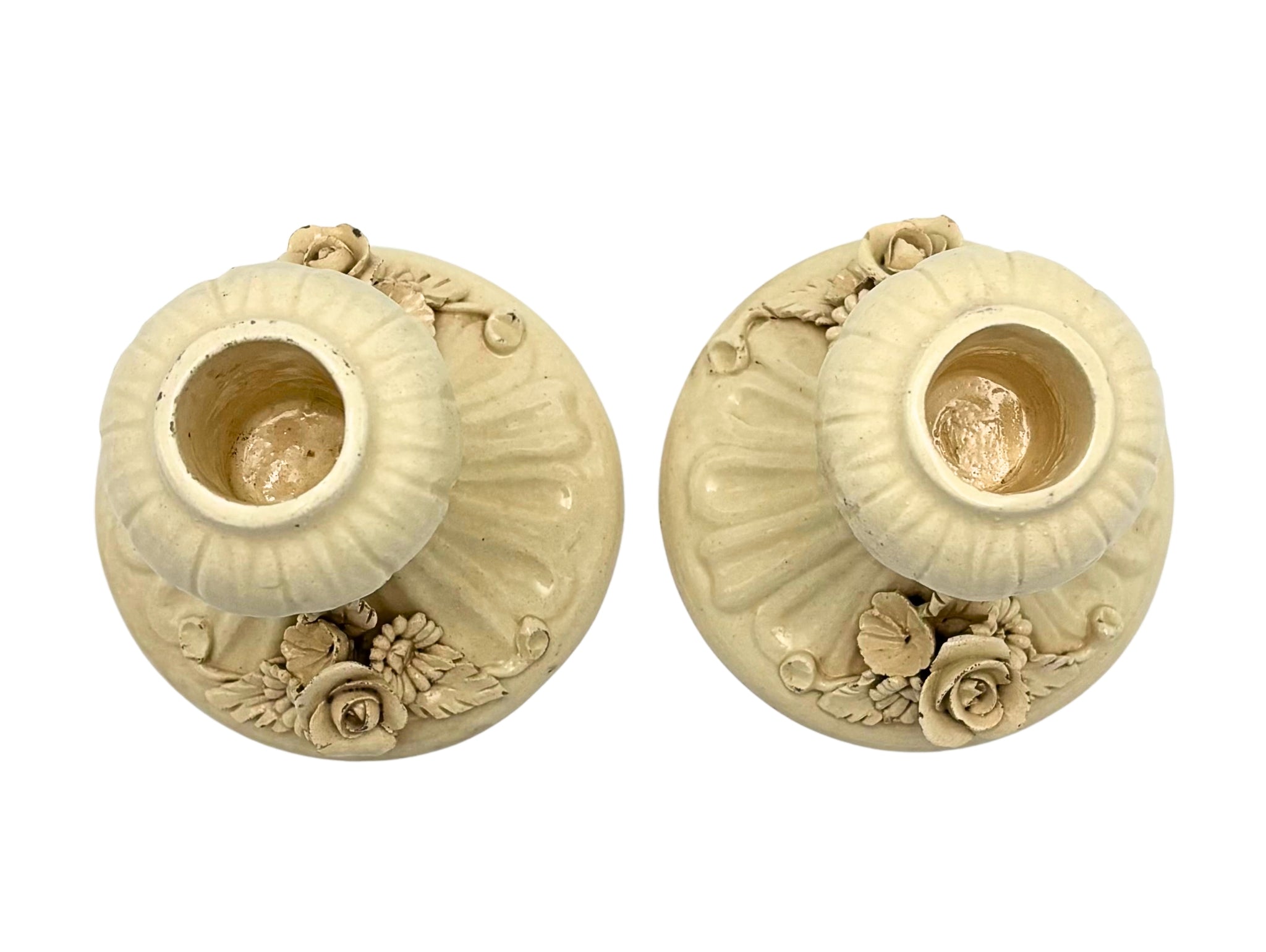 VINTAGE ITALIAN CREAM CERAMIC FLORAL CANDLESTICKS – PAIR