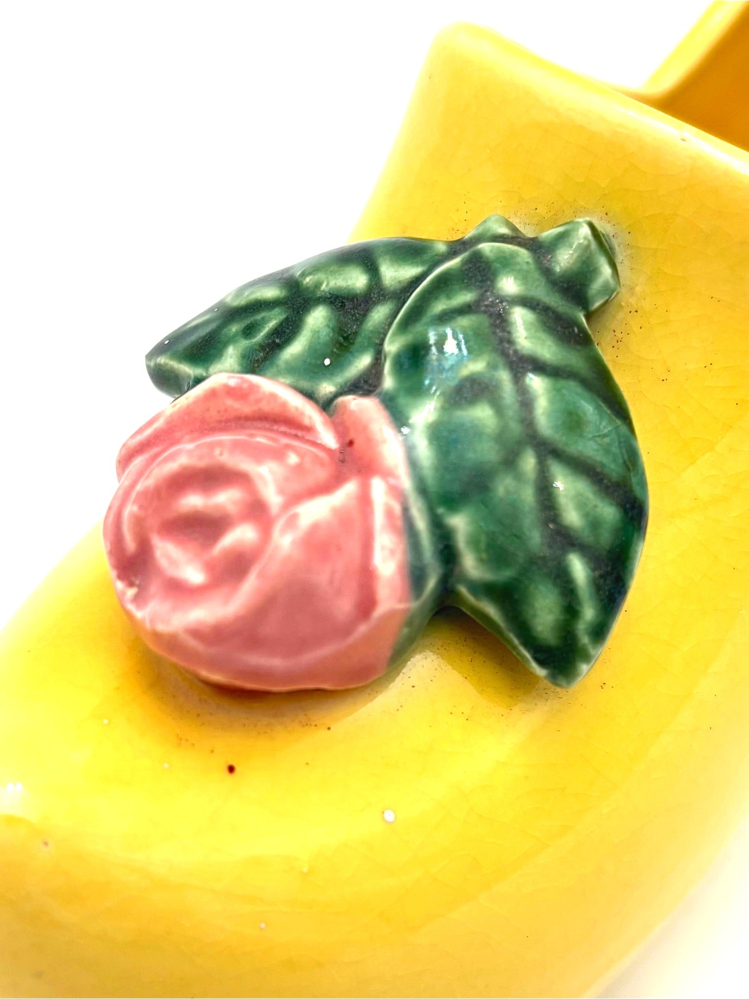 VINTAGE YELLOW CERAMIC CLOG PLANTER WITH PINK ROSE