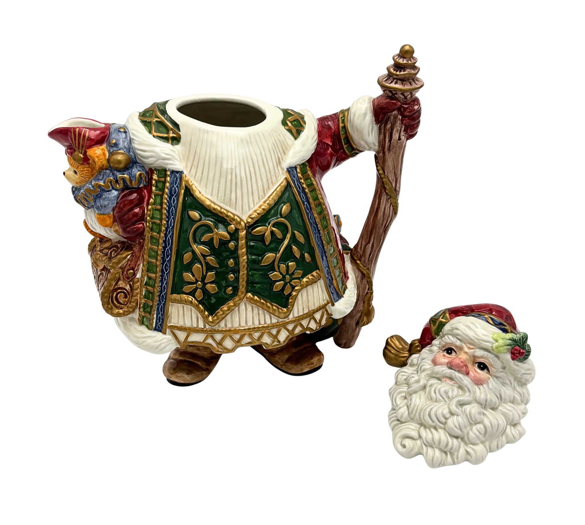 VINTAGE FITZ AND FLOYD SANTA TEAPOT – HAND-PAINTED CERAMIC CHRISTMAS SERVEWARE