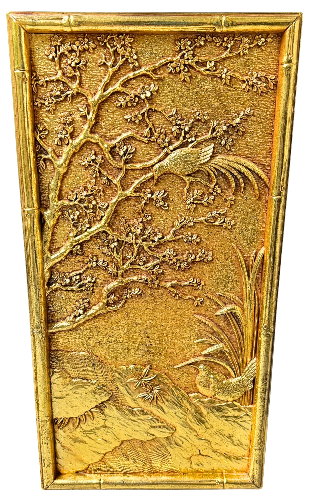 VINTAGE SYROCO GOLD BIRD WALL PLAQUES – 1981 CHINOISERIE FAUX BAMBOO SET OF 2