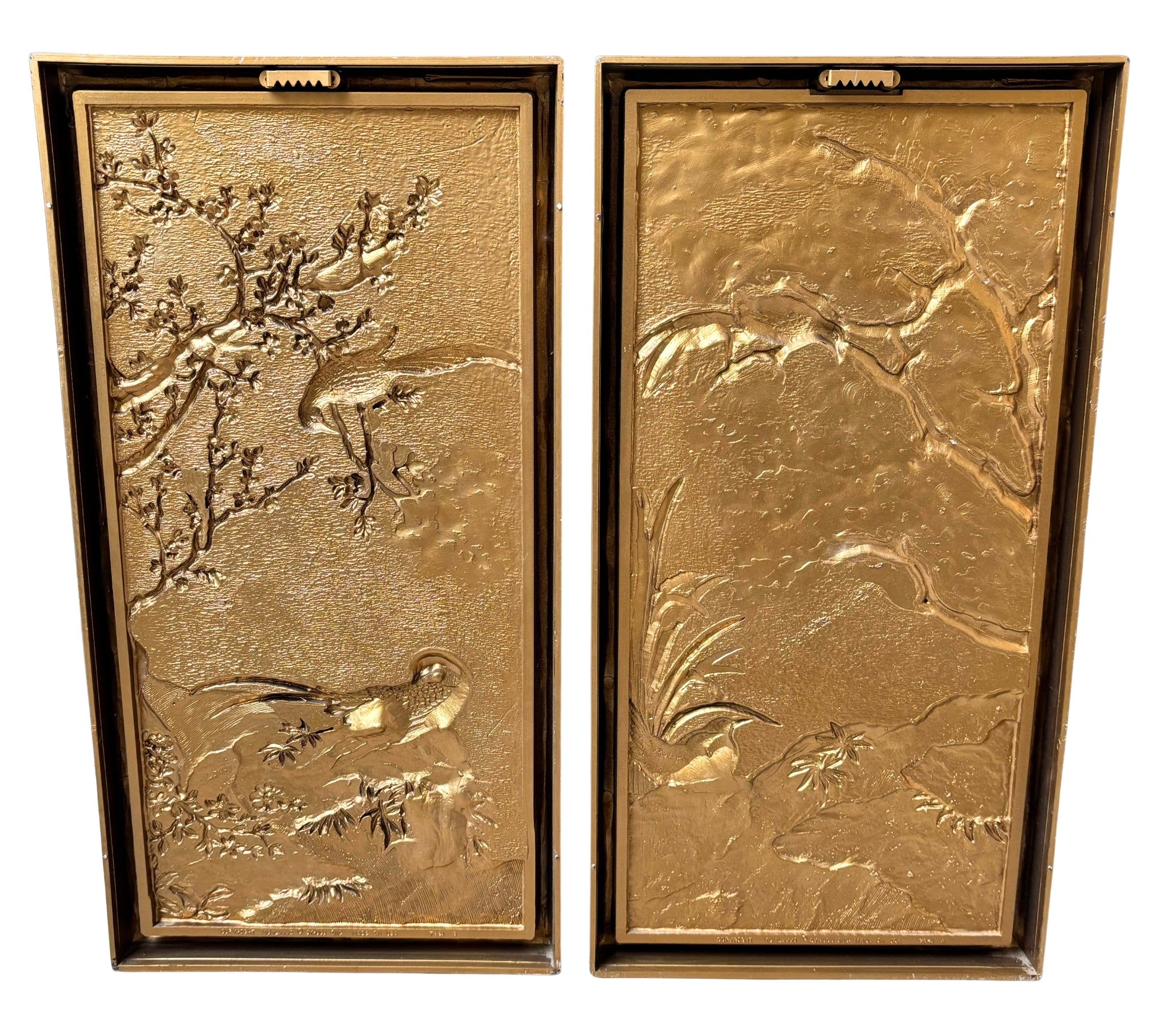 VINTAGE SYROCO GOLD BIRD WALL PLAQUES – 1981 CHINOISERIE FAUX BAMBOO SET OF 2