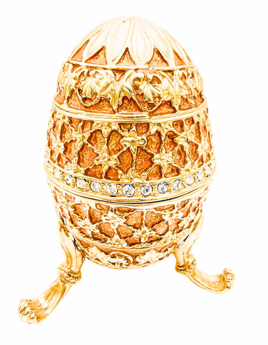 VINTAGE FABERGE STYLE JEWELED EGG TRINKET BOX – GOLD AND AMBER RHINESTONE HINGED KEEPSAKE