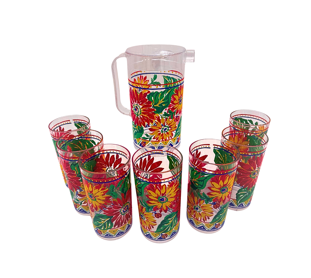 Vintage 1990s Floral Ladybug Acrylic Pitcher & 7 Tumblers 8 Piece Set