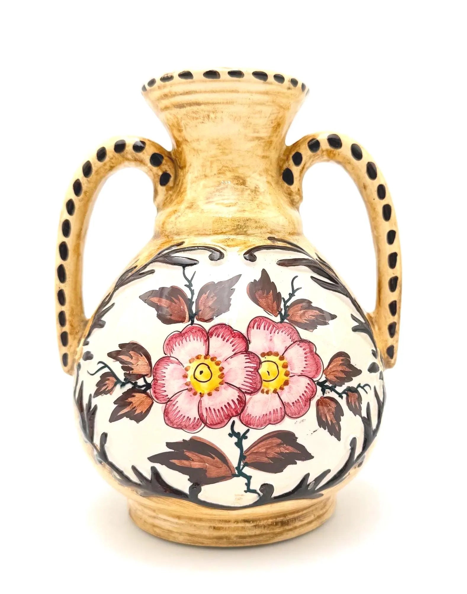 VINTAGE BELGIAN HAND-PAINTED ART POTTERY AMPHORA VASE, DOUBLE HANDLED FLORAL CERAMIC, THULIN STYLE