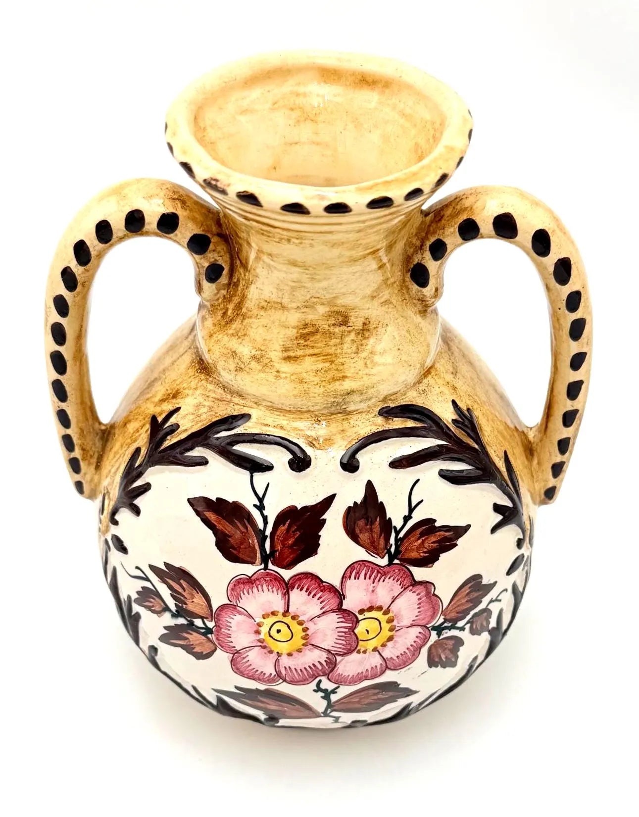 VINTAGE BELGIAN HAND-PAINTED ART POTTERY AMPHORA VASE, DOUBLE HANDLED FLORAL CERAMIC, THULIN STYLE